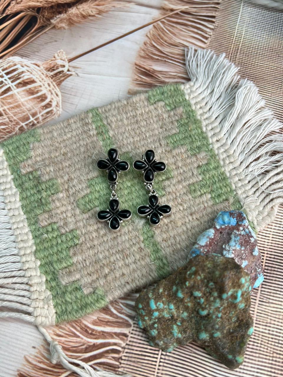 Handmade Sterling Silver Black Onyx Post Dangle Earrings "Signed Nizhoni"