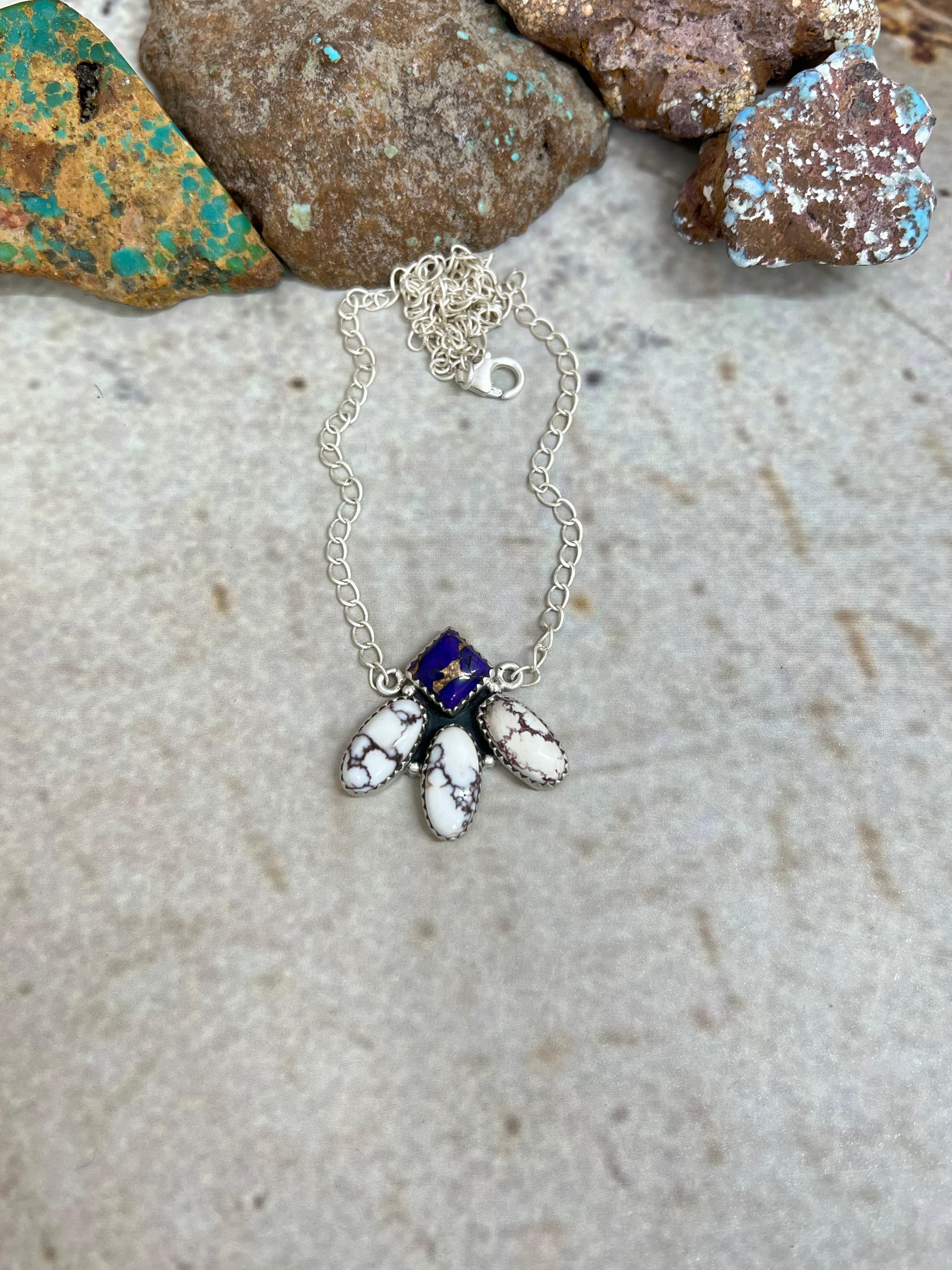 Handmade Sterling Silver Grape Dahlia with Wild Horse Necklace with Signed Nizhoni