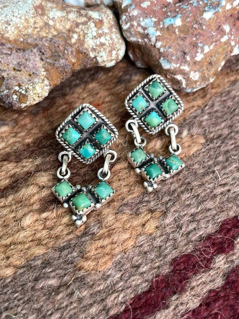 Handmade Sterling Silver Kingman Turquoise Post Dangle Earrings "Signed Nizhoni"