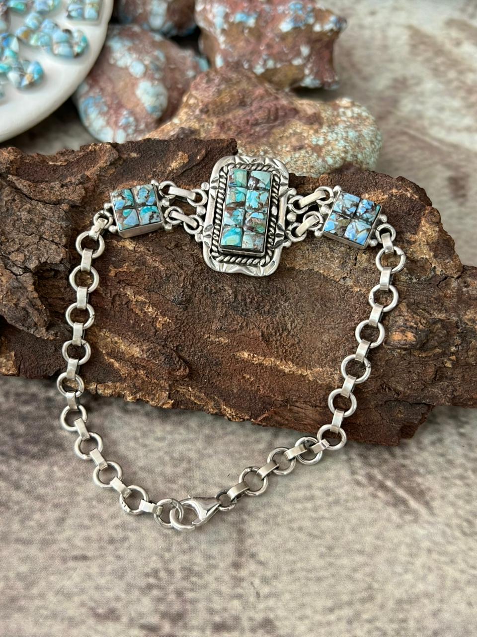 Handmade Sterling Silver Golden Hills Turquoise Cobble Collection Bracelet "Signed Nizhoni"