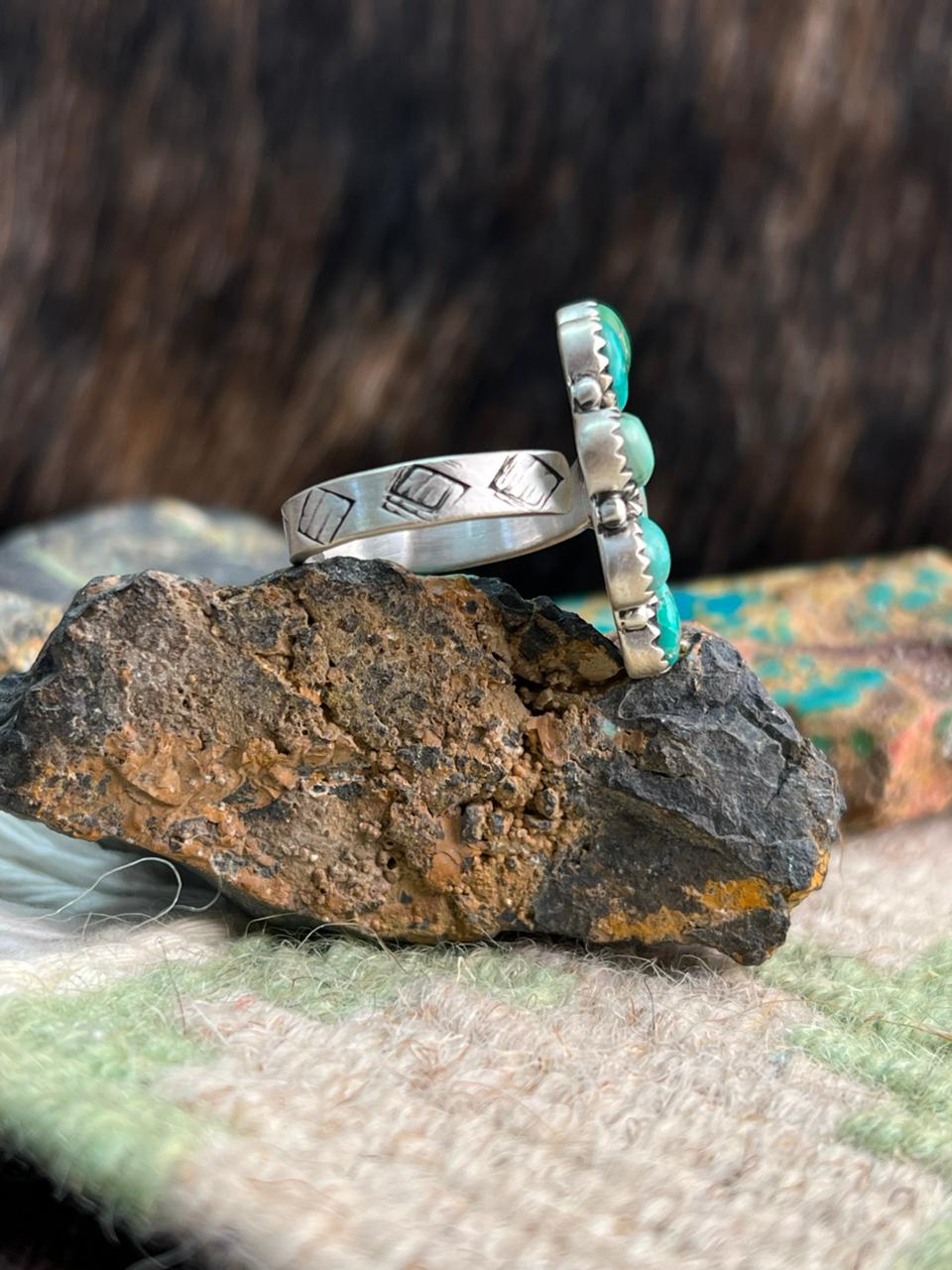Handmade Sterling Silver Emerald Valley with Santa Maria Turquoise Adjustable Ring "Signed Nizhoni"