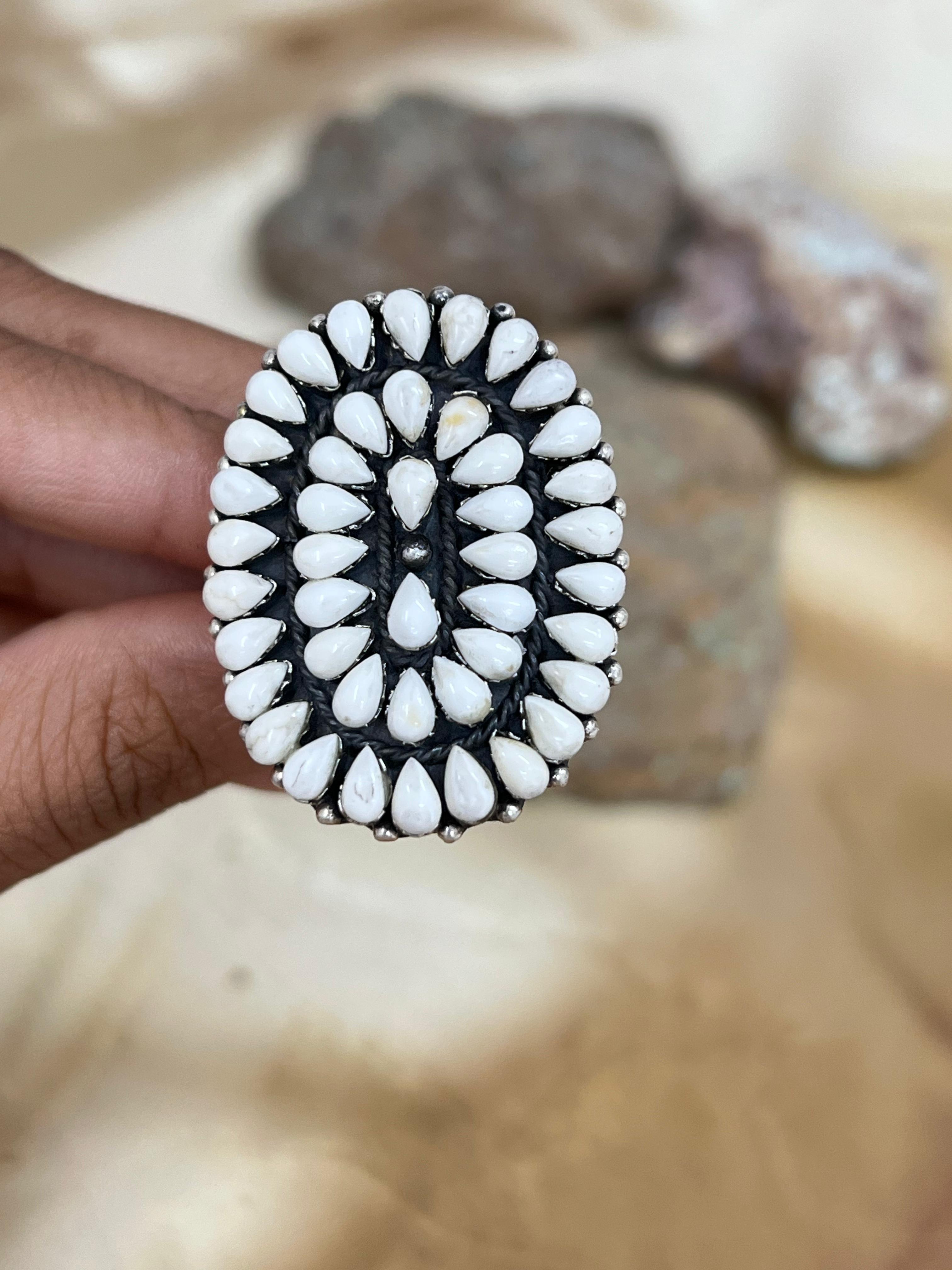 Handmade Sterling Silver White Buffalo Turquoise Adjustable Ring with Signed Nizhoni (1)