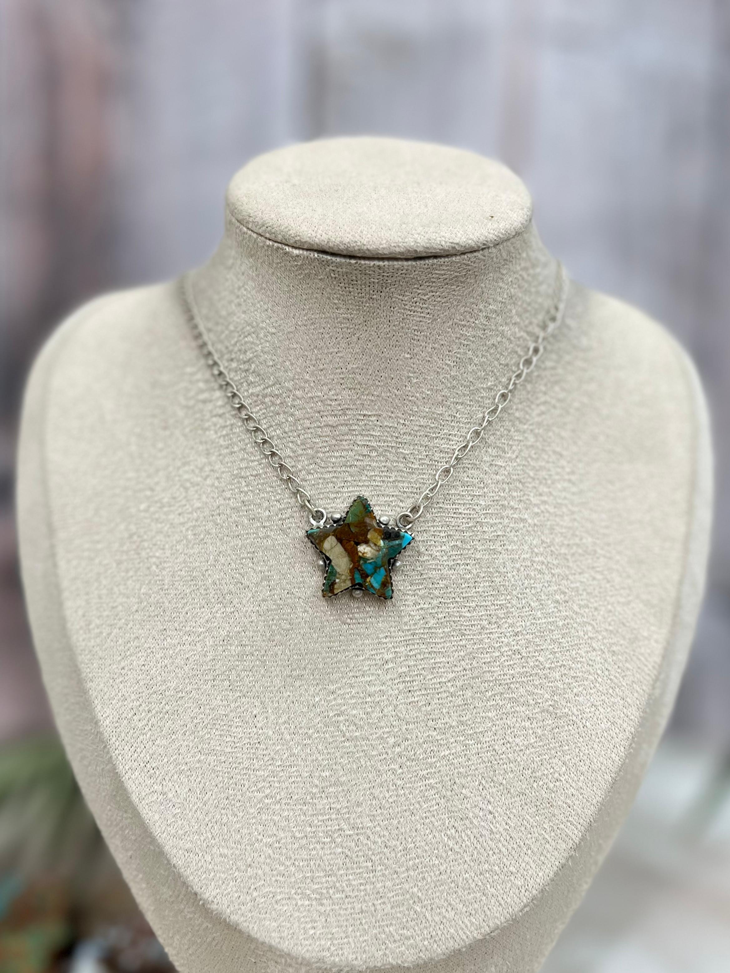 Handmade Sterling Silver Royston Turquoise Star Necklace with Signed Nizhoni