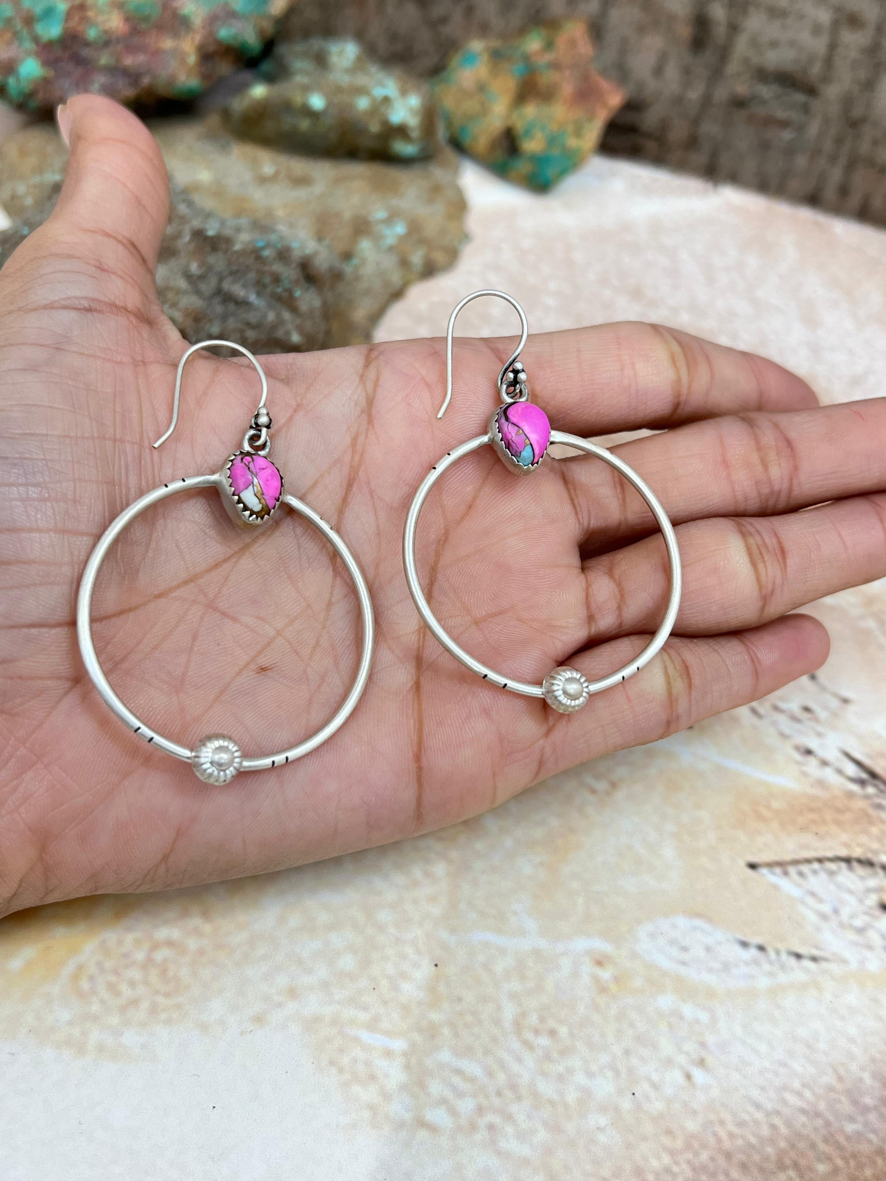 Handmade Sterling Silver Peacock Dahlia, Cotton Candy Turquoise Hook Earrings with Signed Nizhoni