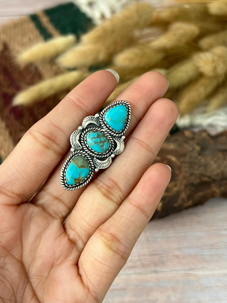 Handmade Sterling Silver Santa Maria Turquoise Adjustable Ring "Signed Nizhoni"