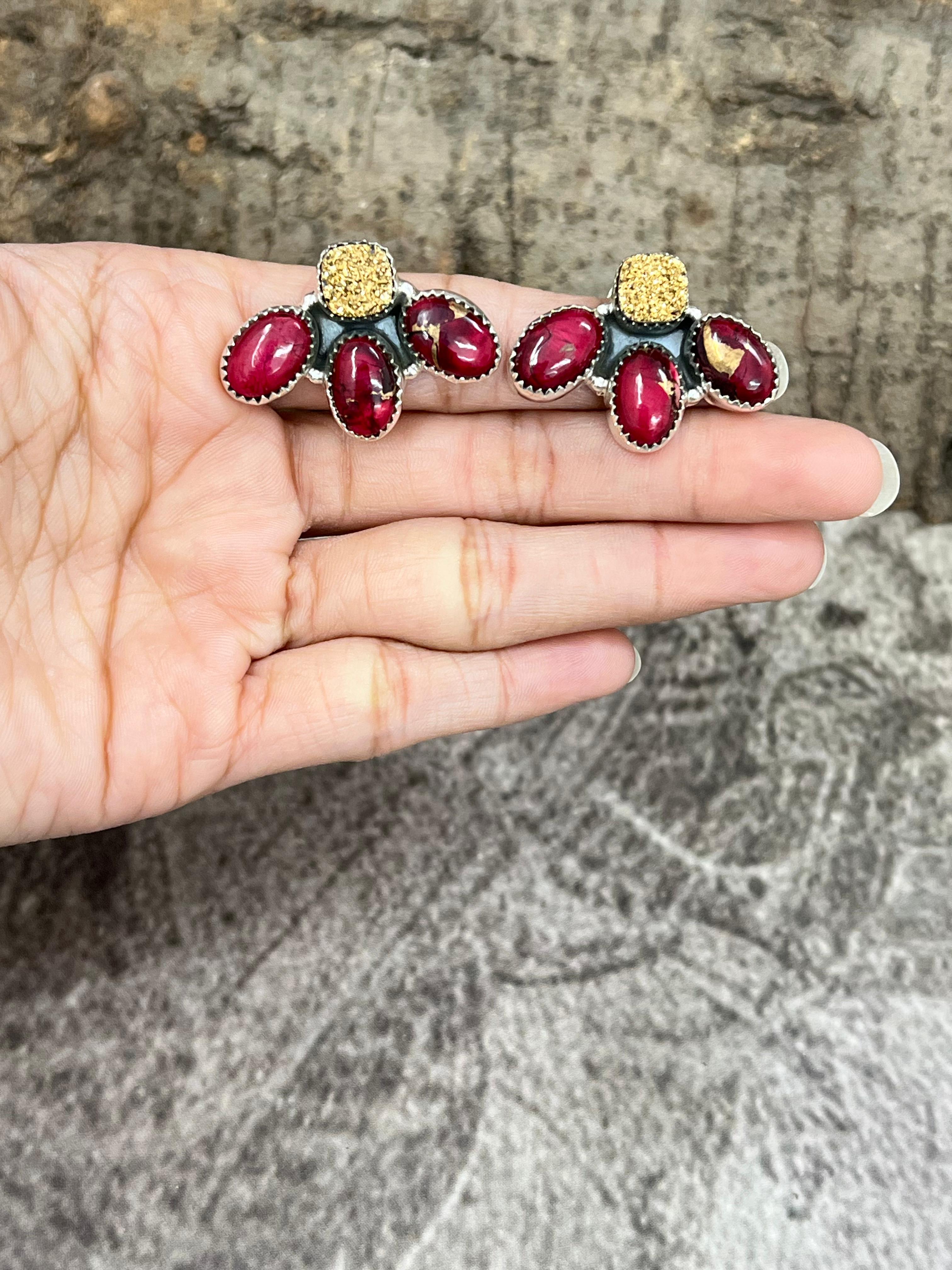 Handmade Sterling Silver Dahlia Rose with Druzy Post Earrings with Signed Nizhoni