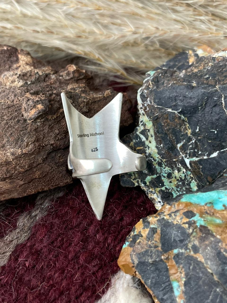 Handmade Sterling Silver Arizona Turquoise Star Shape Adjustable Ring "Signed Nizhoni"