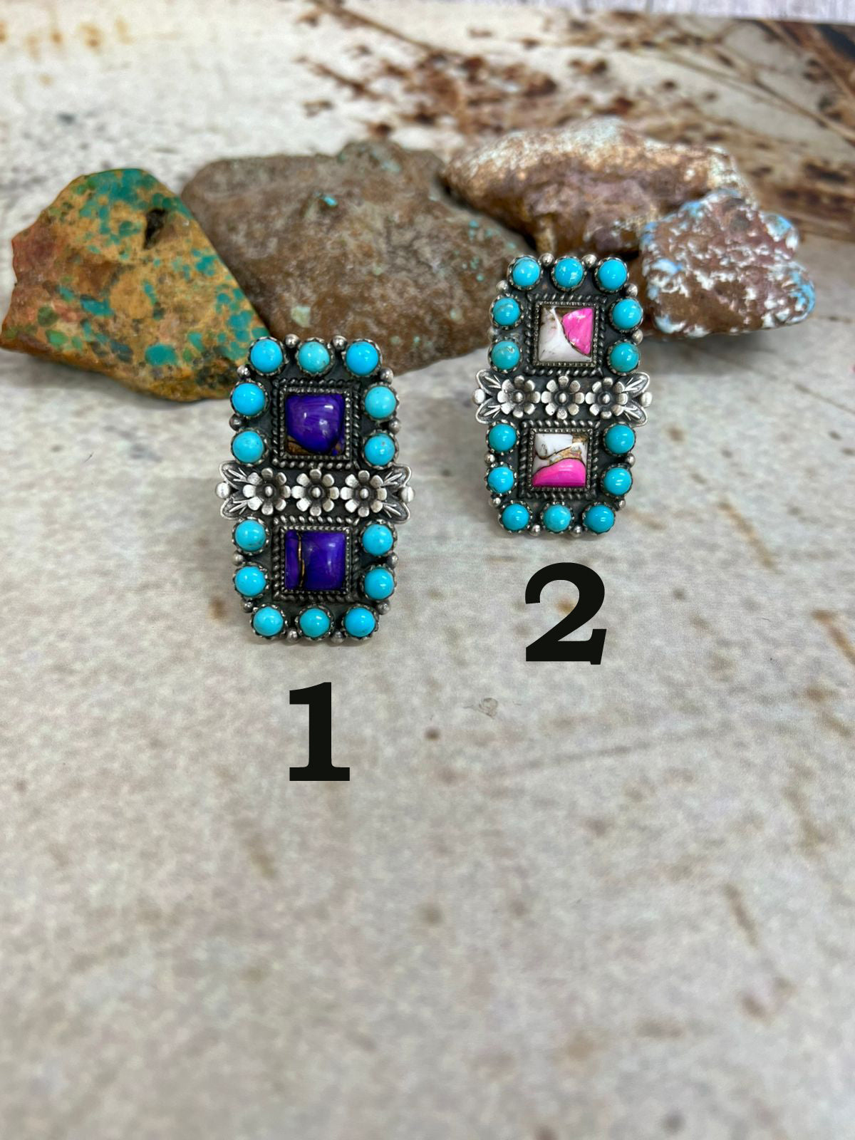 Handmade Sterling Silver Cotton Candy with Kingman, Grape Dahlia with Kingman Adjustable Ring, Signed Nizhoni