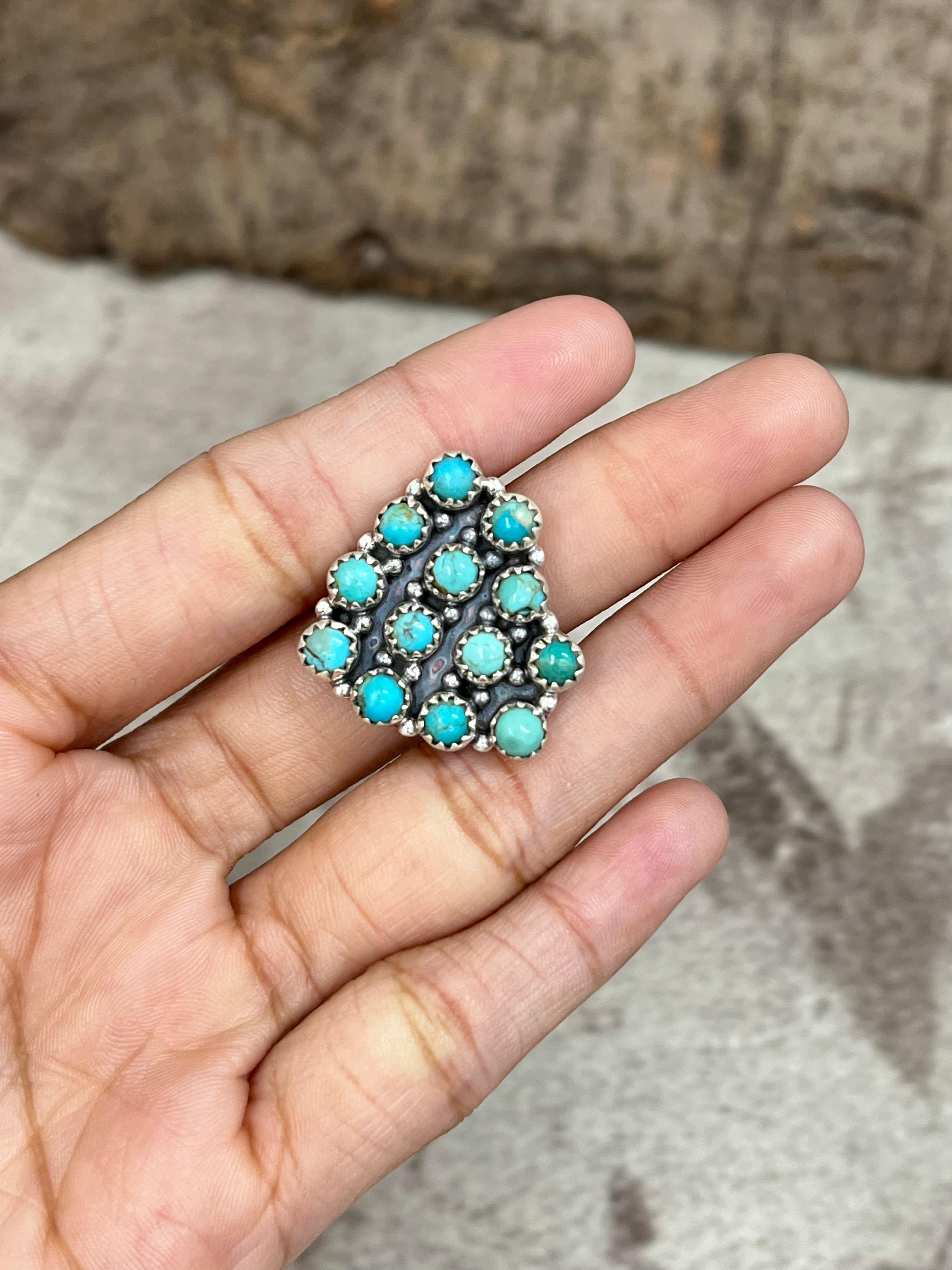 Handmade Sterling Silver Kingman Turquoise Heart Adjustable Ring with Signed Nizhoni (9)