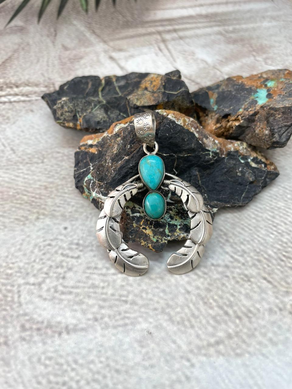 Handmade Sterling Silver Kingman Turquoise Naja Pendant "Signed Nizhoni"