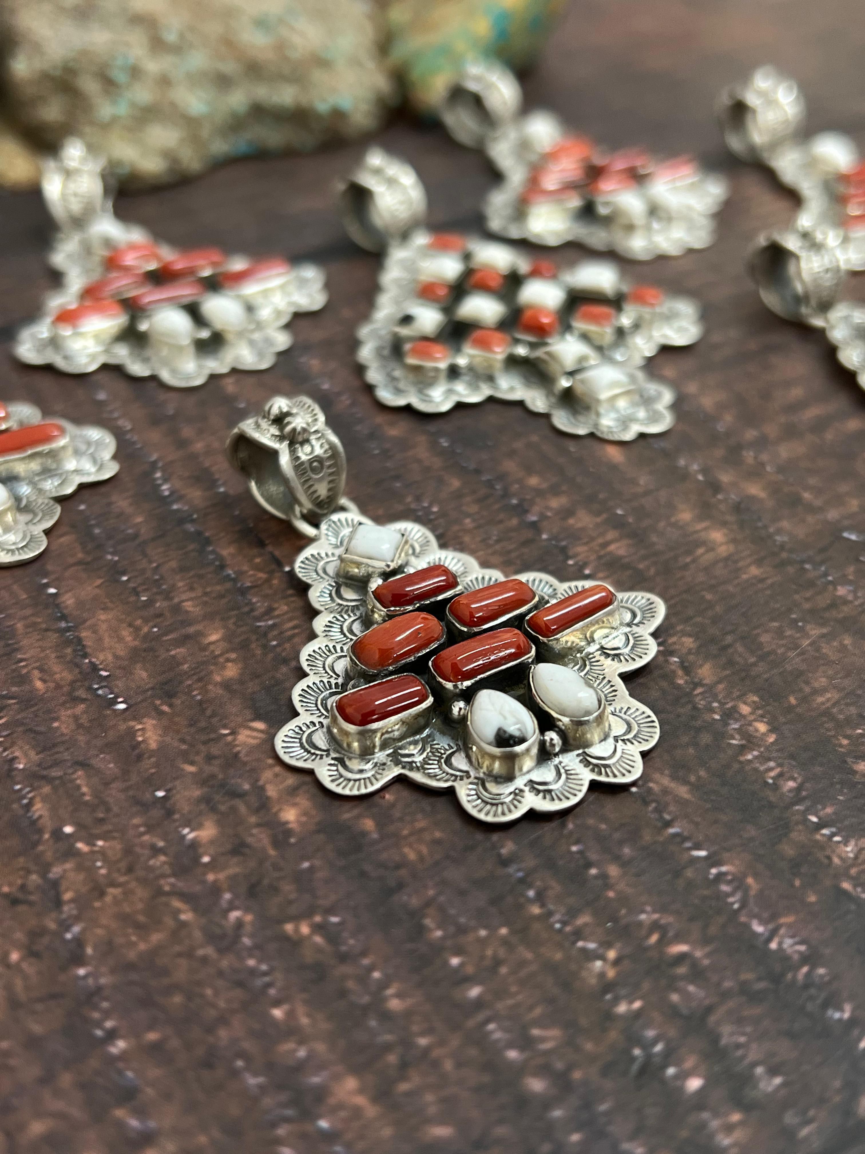 Handmade Sterling Silver Coral with White Buffalo Turquoise Pendant, Signed Nizhoni