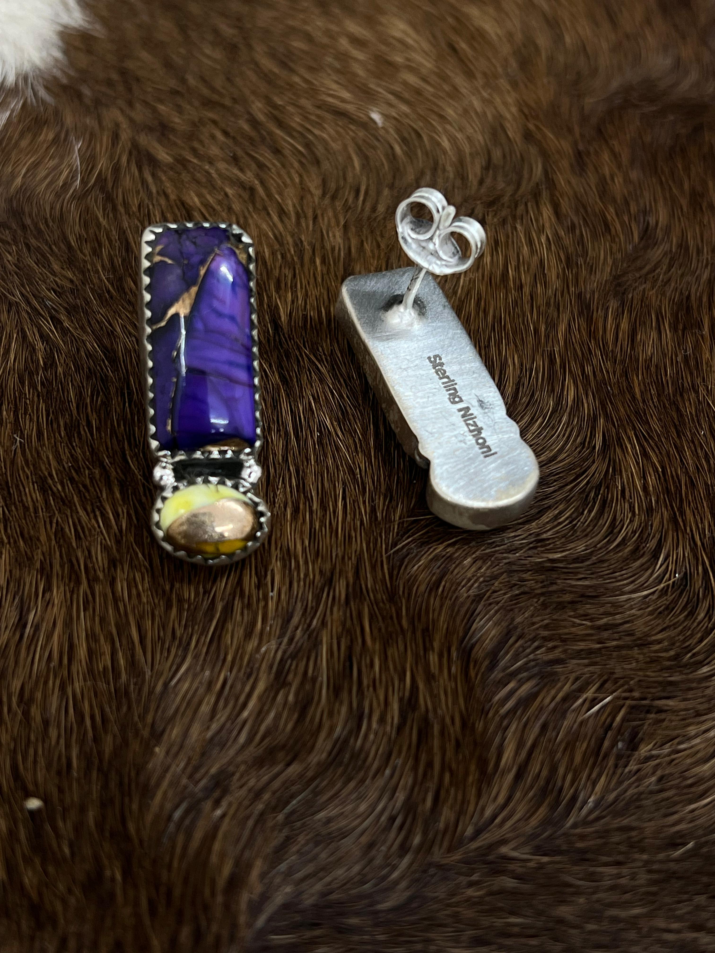 Handmade Sterling Silver Grape Dahlia With Honey Dahlia Post Studs with Signed Nizhoni