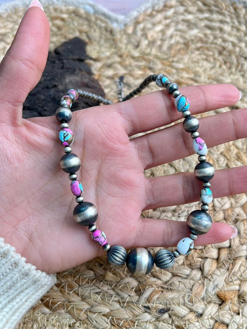 Handmade Sterling Silver Beaded Cotton Candy Necklace "Signed Nizhoni"