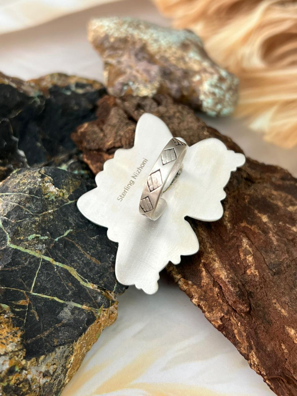 Handmade Sterling Silver Royston Ribbon Turquoise Butterfly Adjustable Ring "Signed Nizhoni"