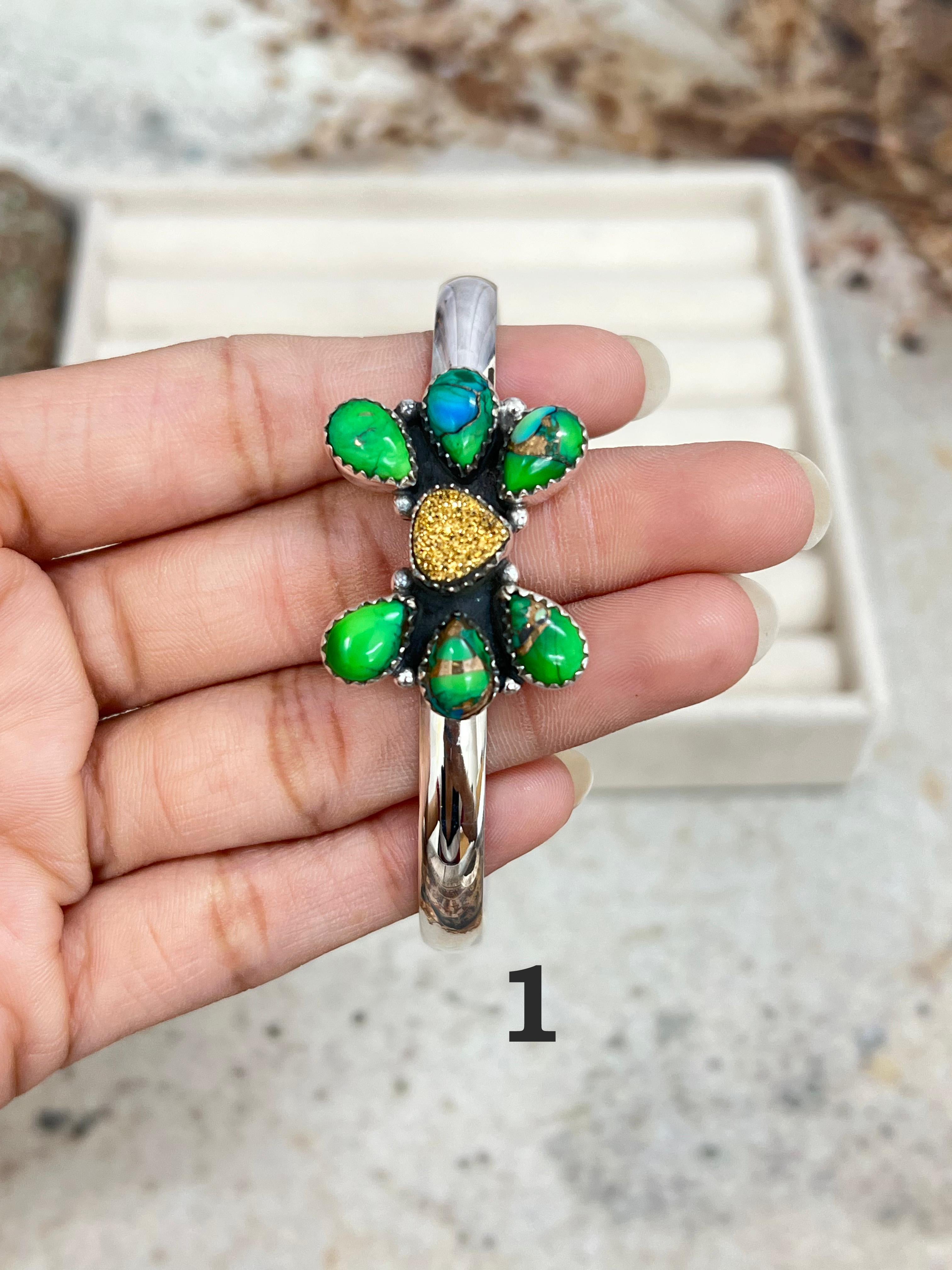 Handmade Sterling Silver Peacock Dahlia with Druzy, Dahlia Rose with Druzy Cuff Bracelet, Signed Nizhoni