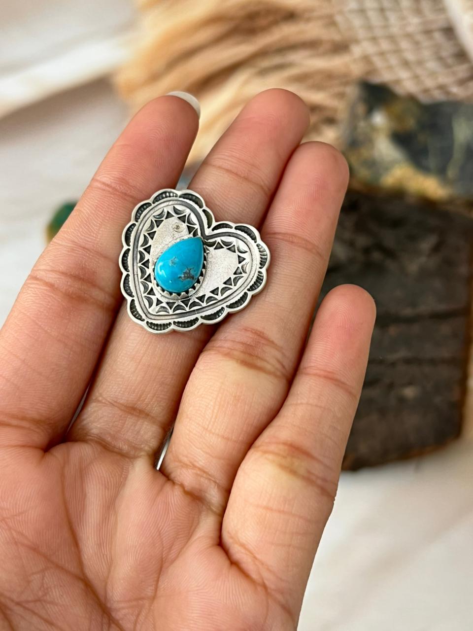 Handmade Sterling Silver Kingman Turquoise Heart Adjustable Ring "Signed Nizhoni"