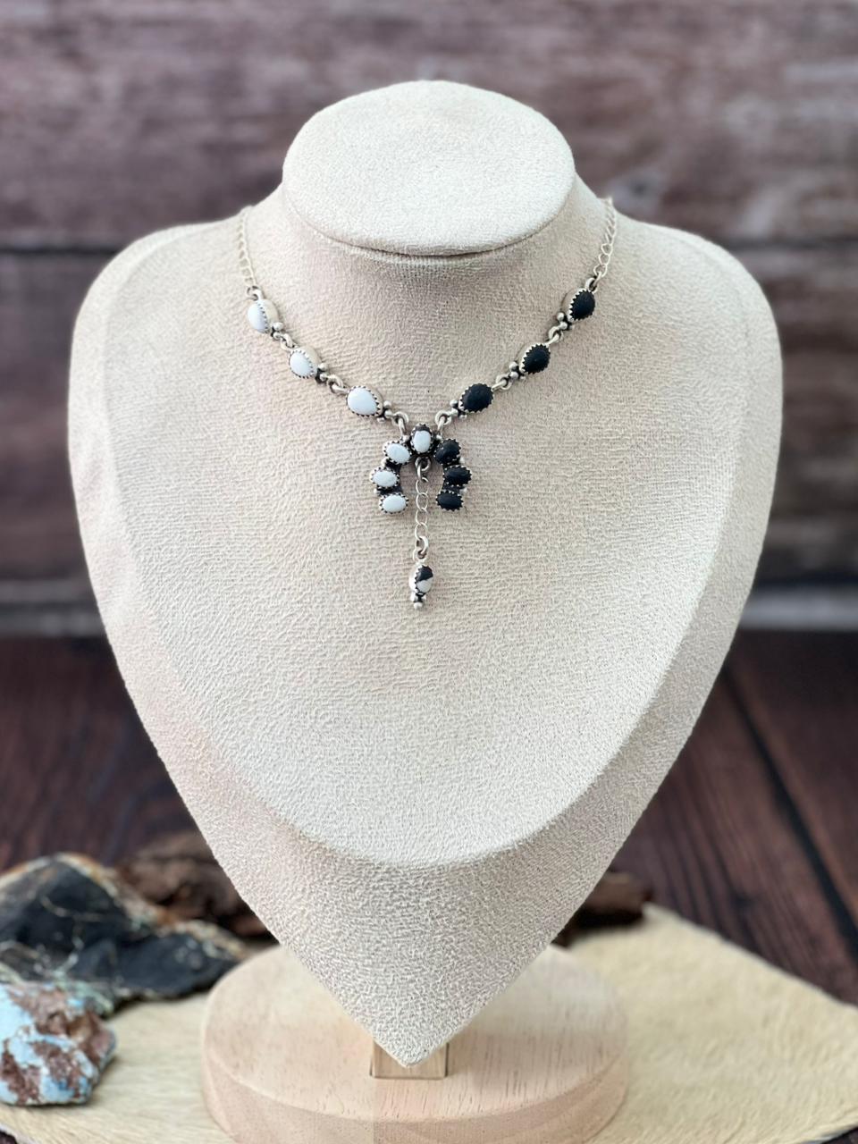 Handmade Sterling Silver White Buffalo Squash Blossom Necklace "Signed Nizhoni"