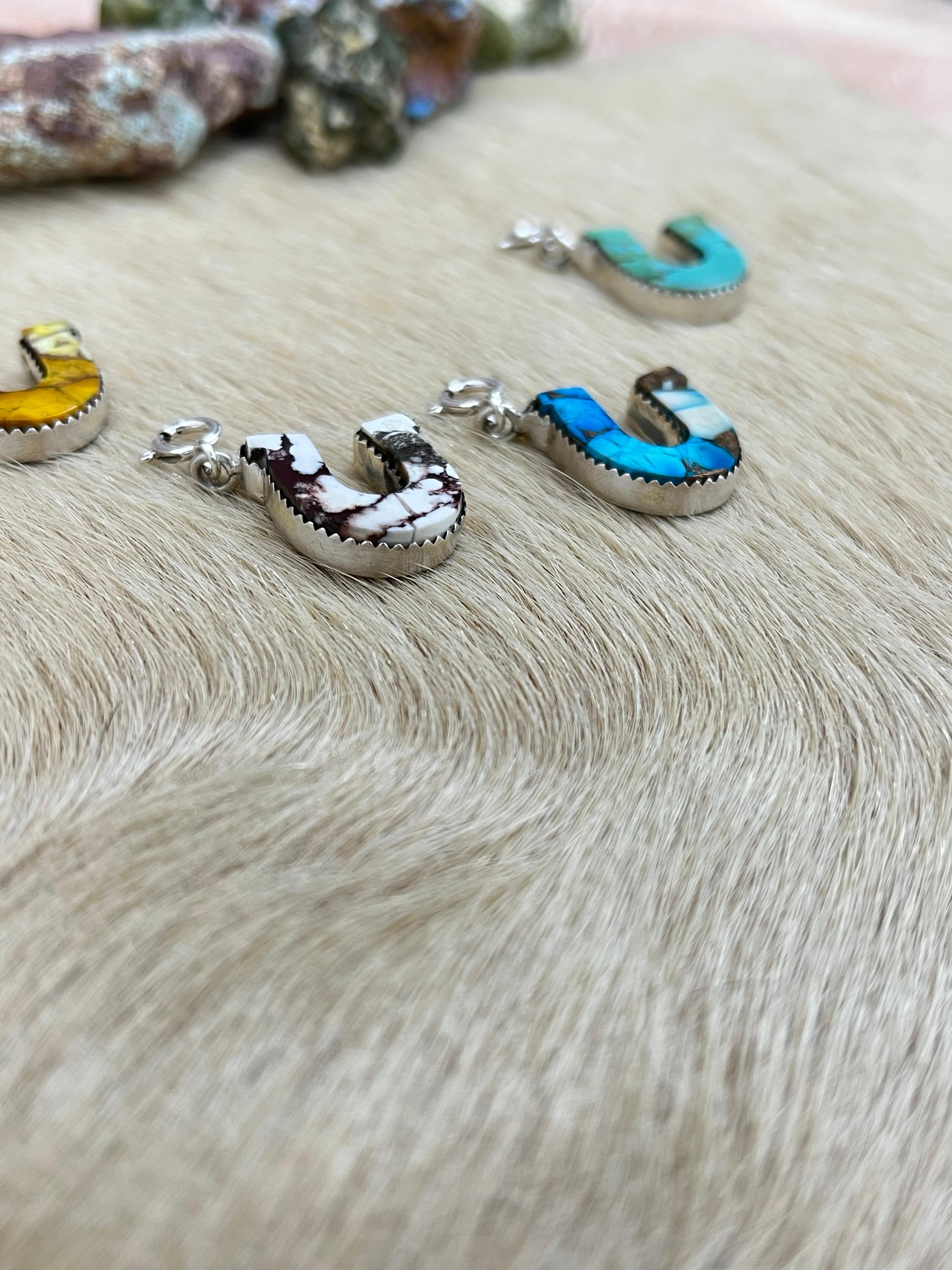 Handmade Horseshoe Sterling Silver Ice Blue Dahlia, Wild Horse, Kingman, Honey Dahlia Charms with Signed Nizhoni