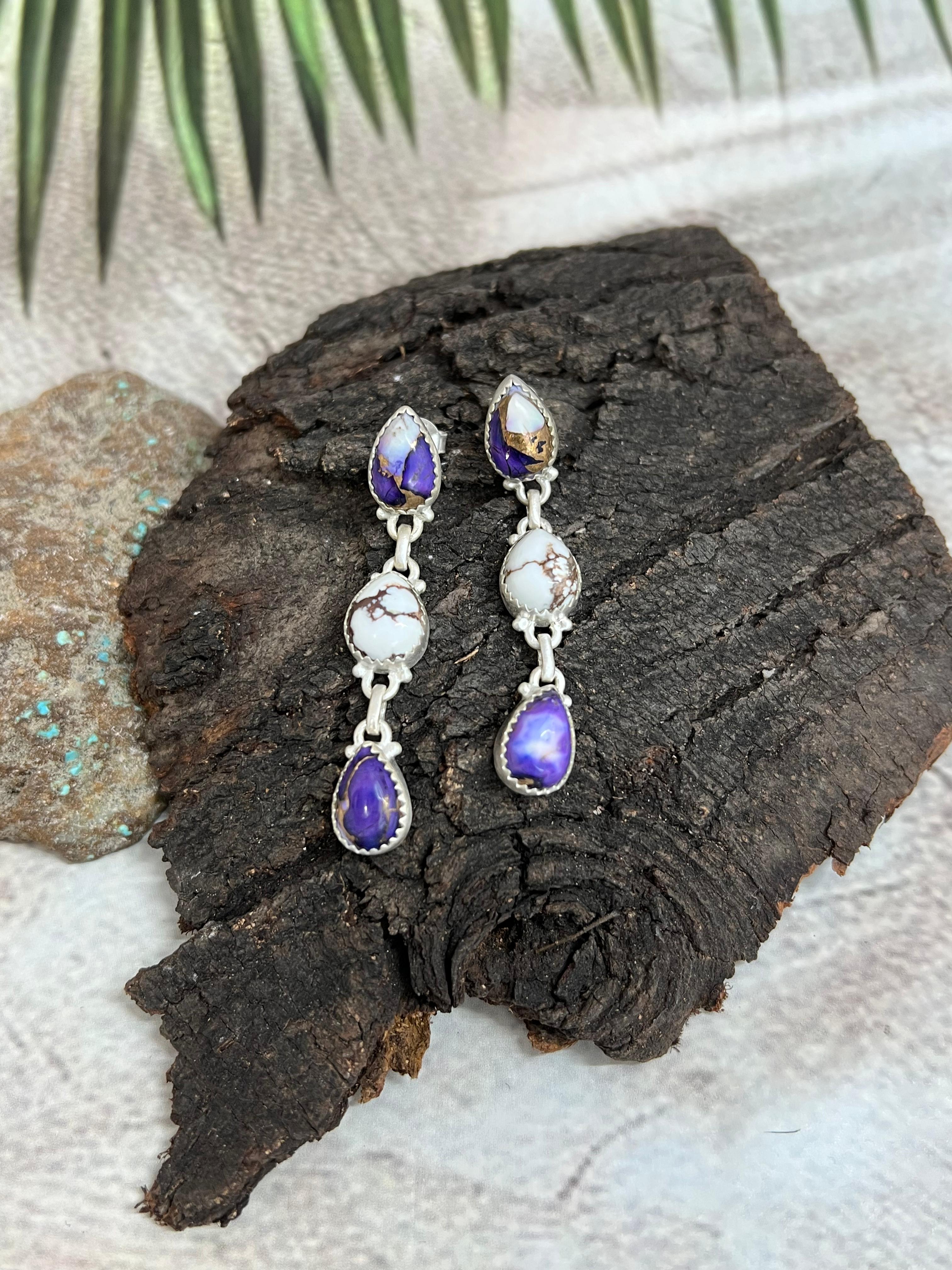 Handmade Sterling Silver Wild Horse with Purple Dahlia Post Dangle Earrings, Signed Nizhoni (7)