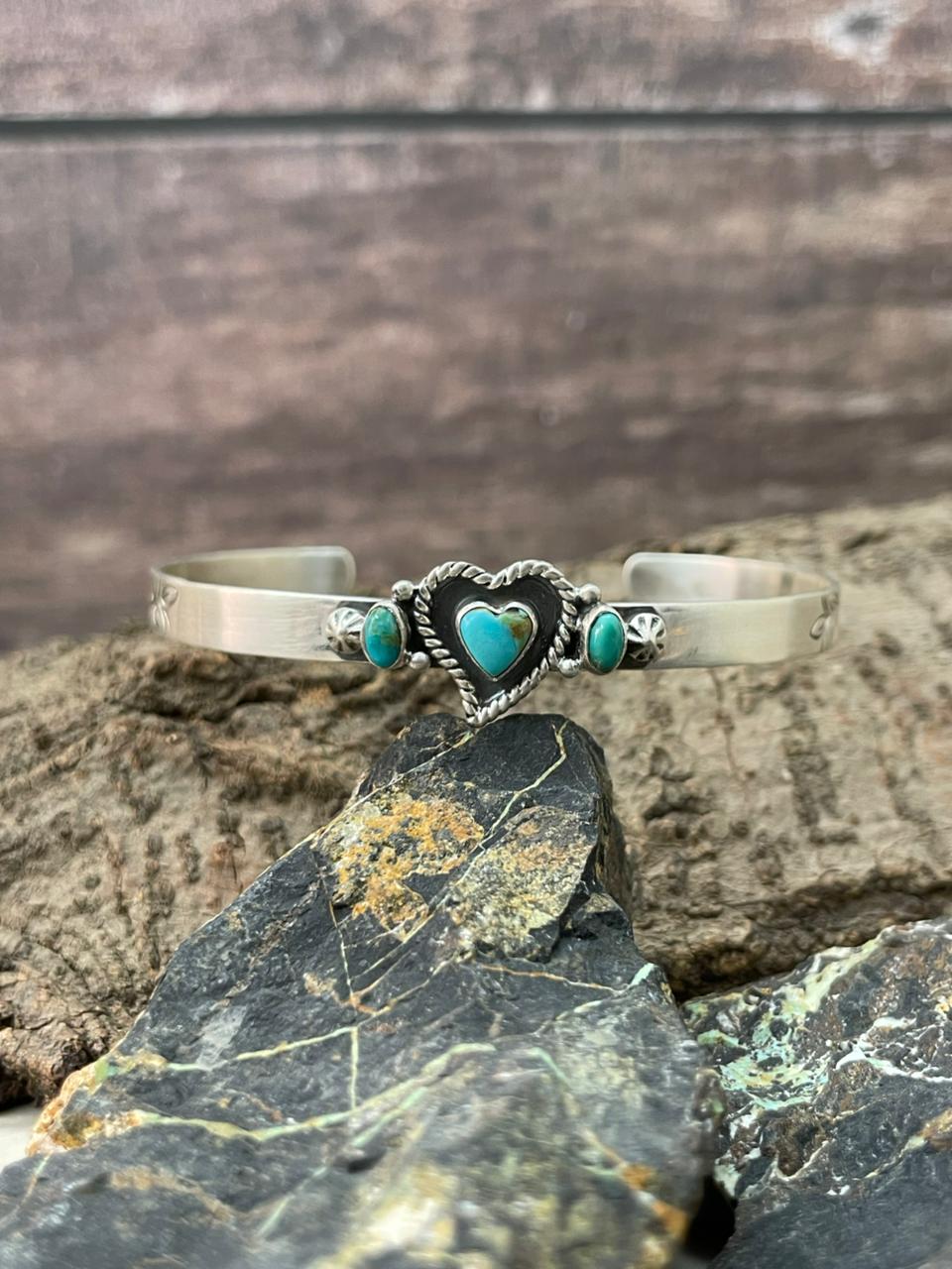 "Heart Collection" Handmade Sterling Silver Kingman Turquoise Bracelet "Signed Nizhoni"