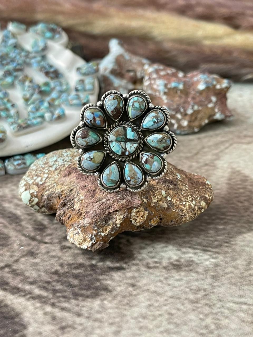 Handmade Sterling Silver 'Golden Hills Turquoise Cobble Collection' Adjustable Ring "Signed Nizhoni"