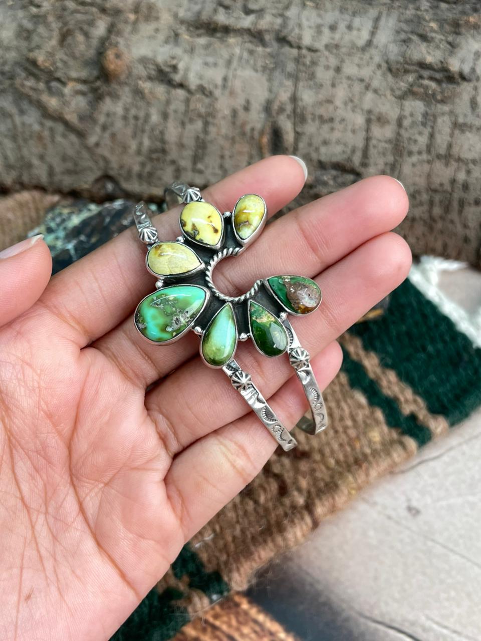 Handmade Sterling Silver Sonoran Mountain Turquoise with Palomino Turquoise Naja Cuff Bracelet "Signed Nizhoni"