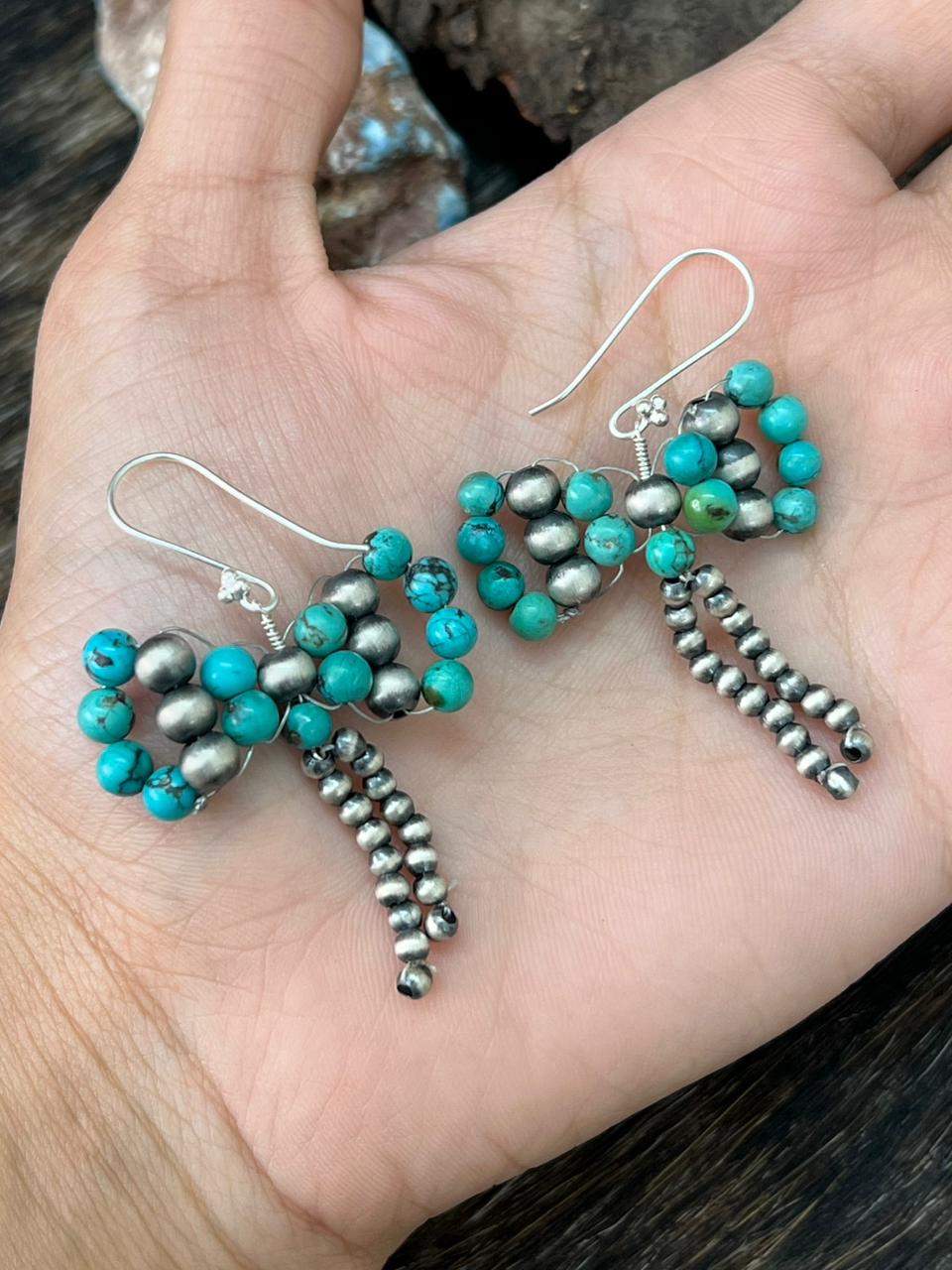 Handmade Sterling Silver Kingman Turquoise Beaded Hook Dangle Earrings "Signed Nizhoni"