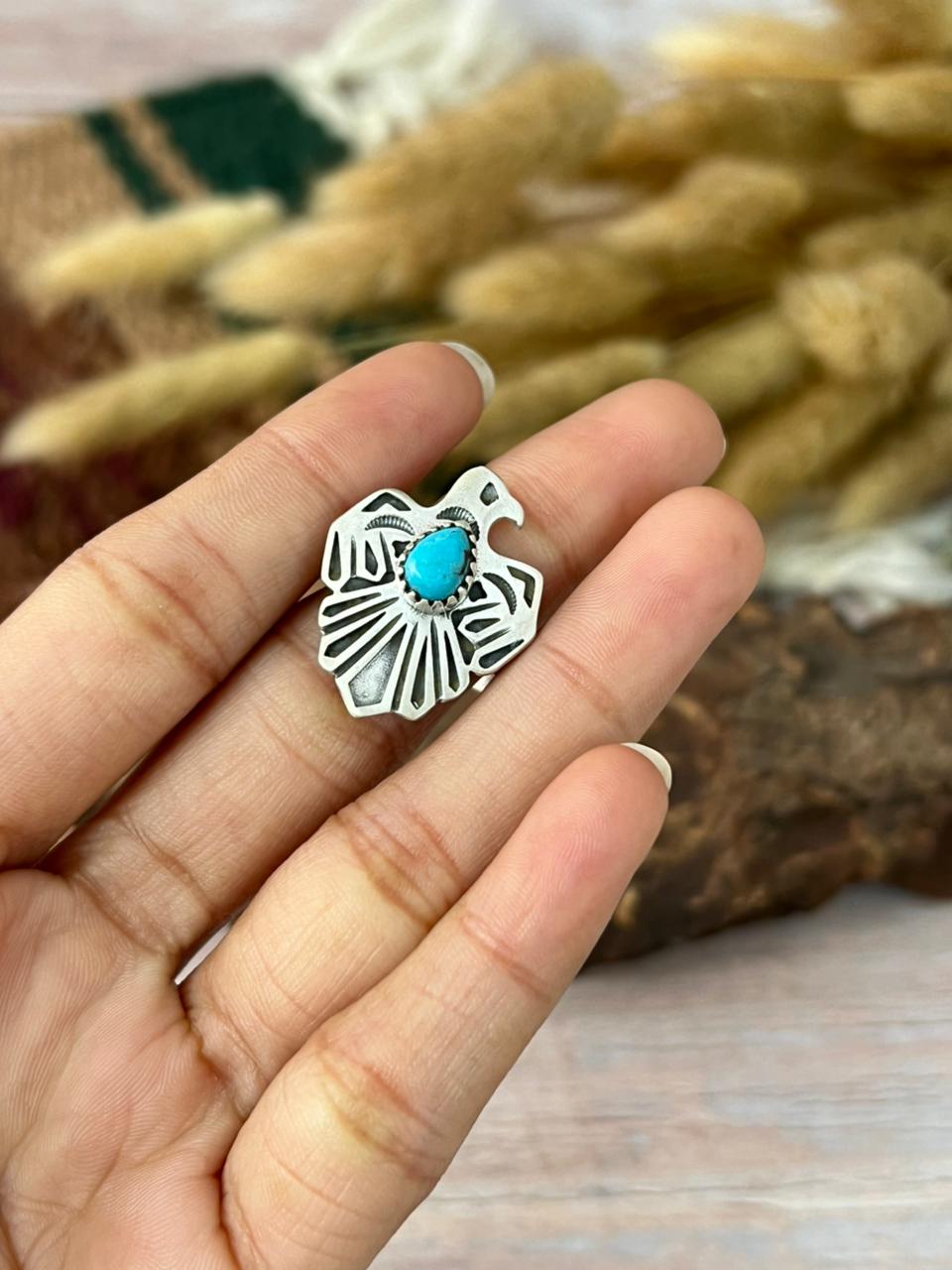 Handmade Sterling Silver Kingman Turquoise Thunder Bird Adjustable Ring "Signed Nizhoni"