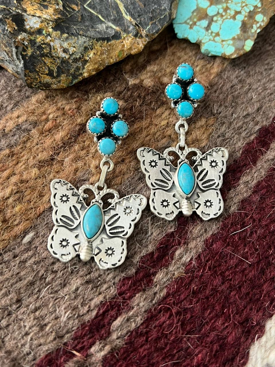 Handmade Sterling Silver Blue Turquoise Post Dangle Butterfly Earrings "Signed Nizhoni"
