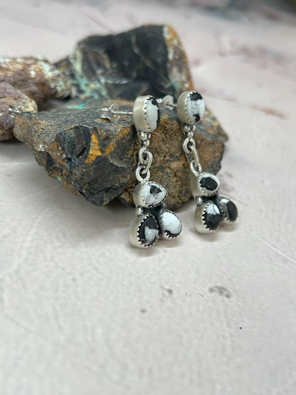 Handmade Sterling Silver White Buffalo Post Dangle Earrings "Signed Nizhoni"