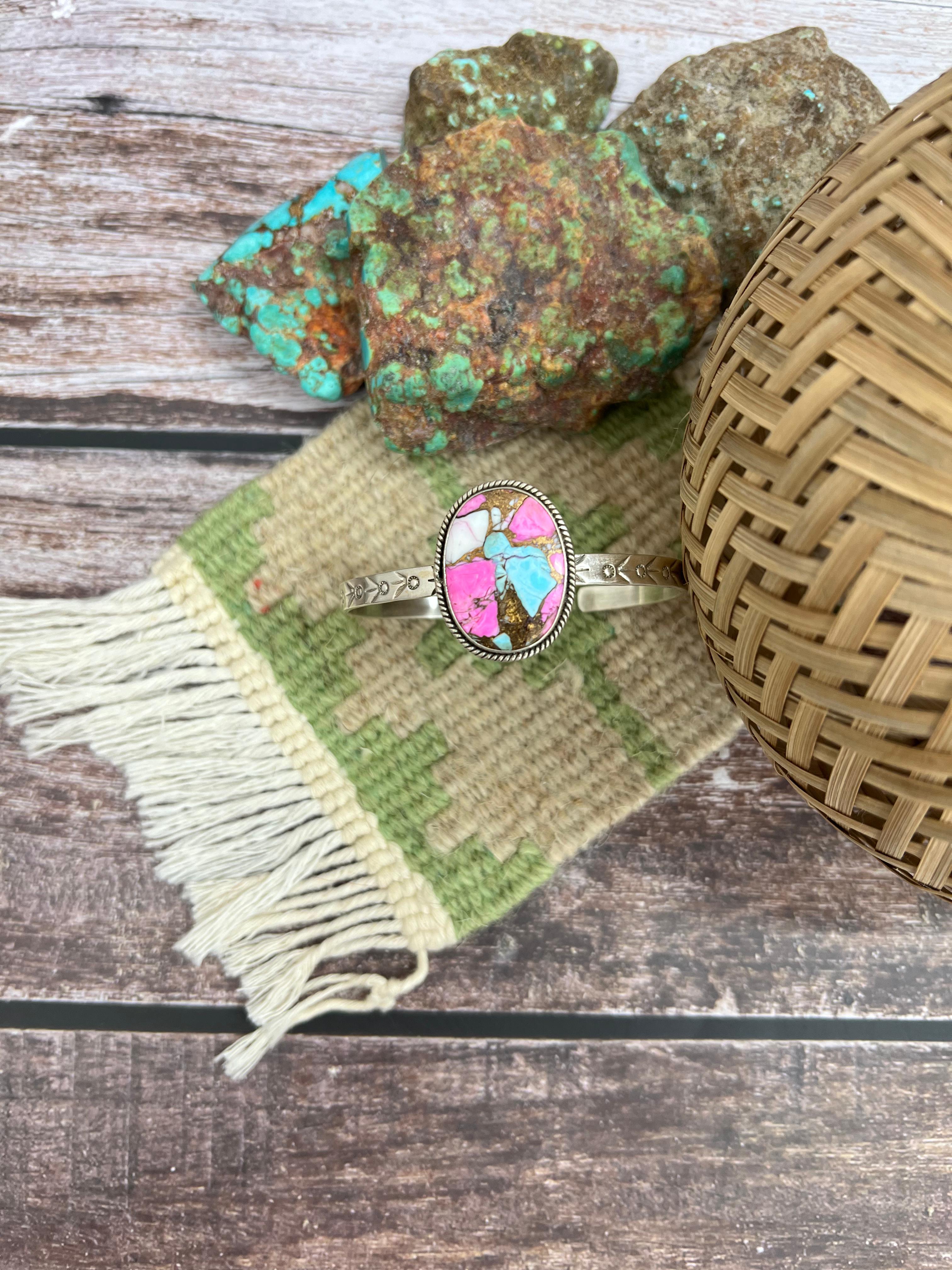 Handmade Sterling Silver Cotton Candy Turquoise Cuff Bracelet with Signed Nizhoni