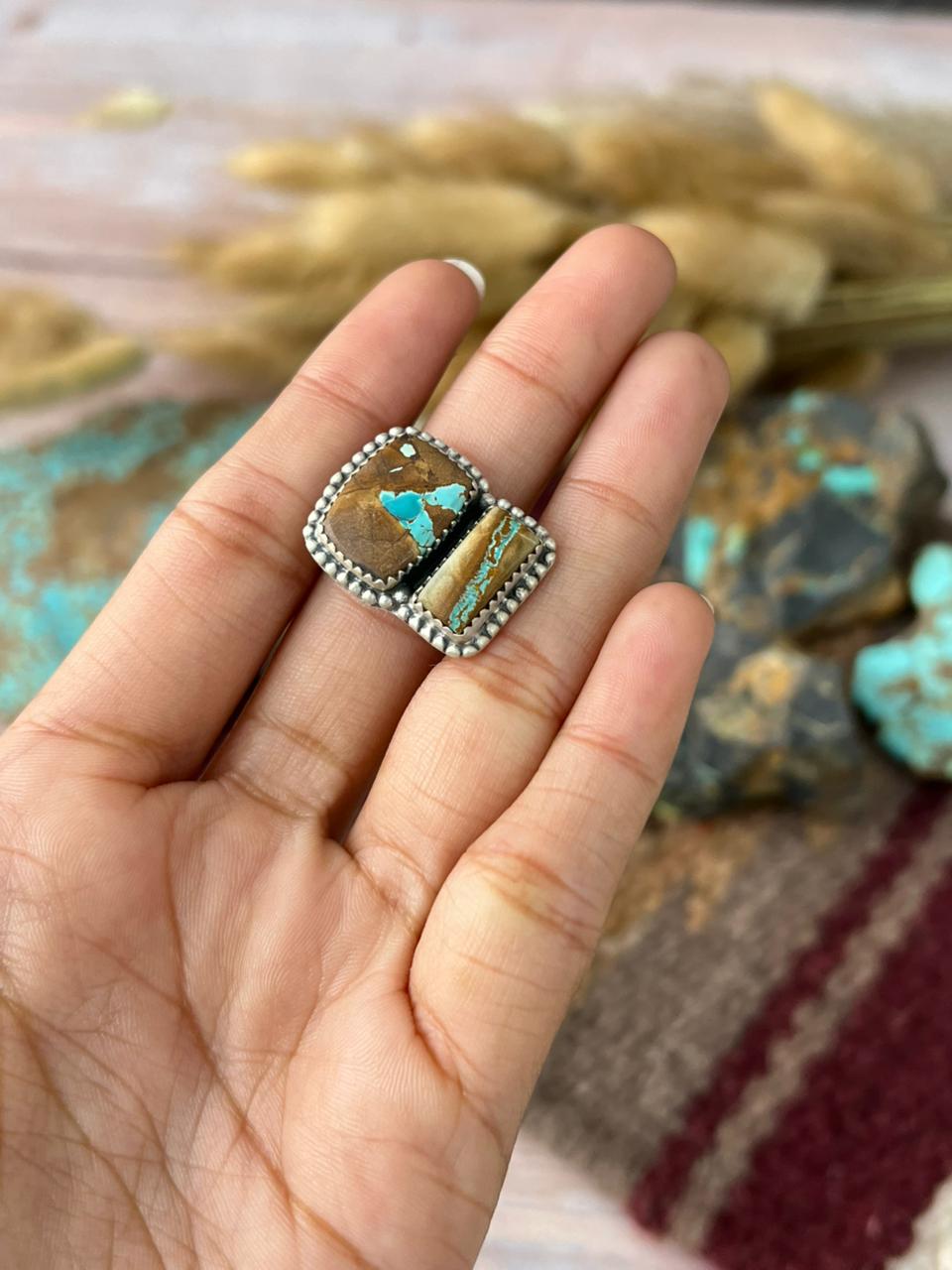 Handmade Sterling Silver Royston Ribbon Turquoise Adjusatble Ring "Signed Nizhoni"