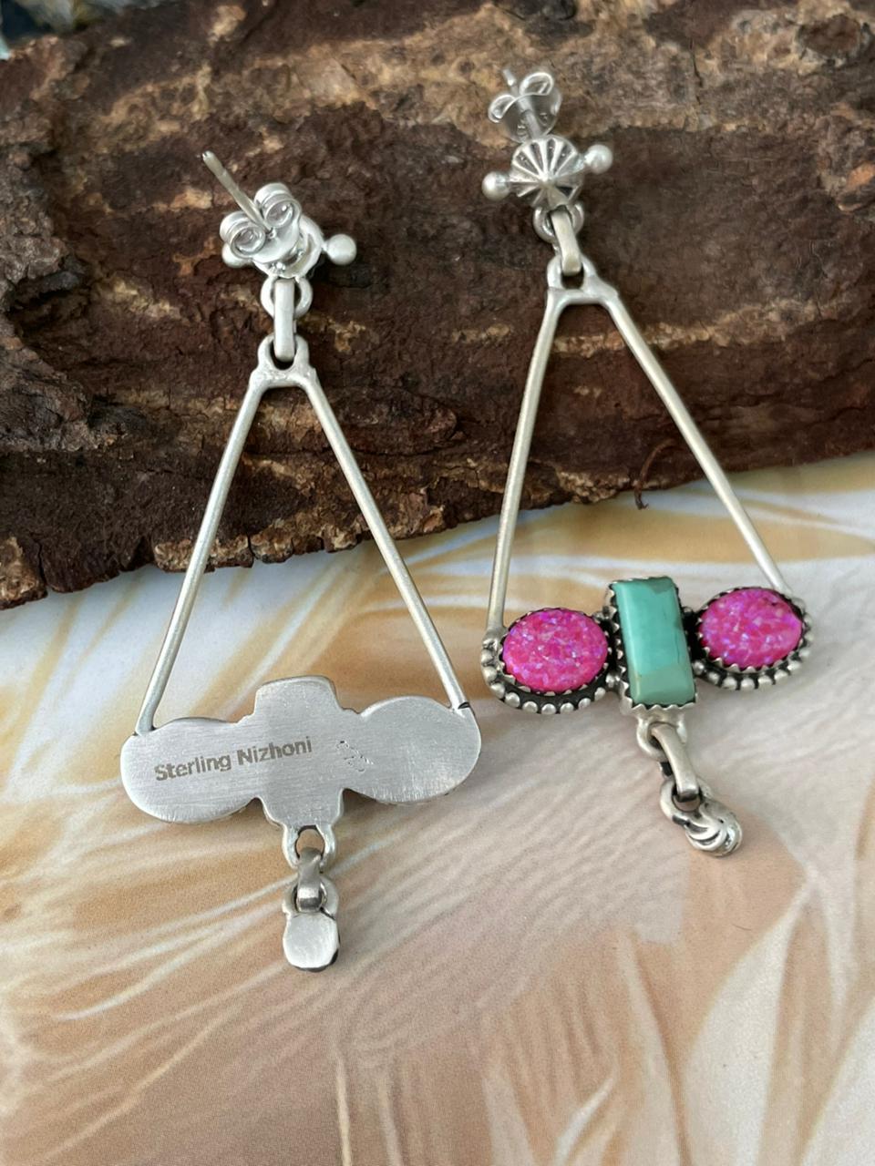 Handmade Sterling Silver Spring Collection: Hot Pink with Kingman Post Dangle Earrings "Signed Nizhoni"