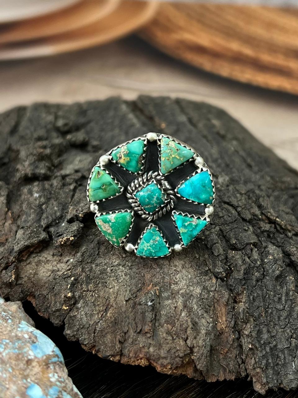 Handmade Sterling Silver Emerald Valley Turquoise Adjustable Ring "Signed Nizhoni"