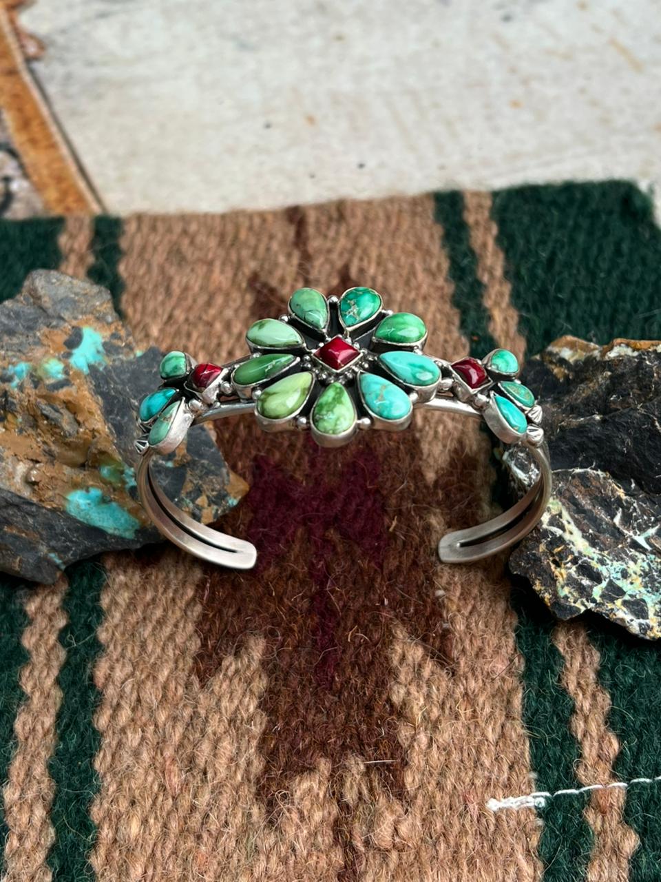 Handmade Sterling Silver Dahlia Rose with Emerald Valley Turquoise Cuff Bracelet "Signed Nizhoni"