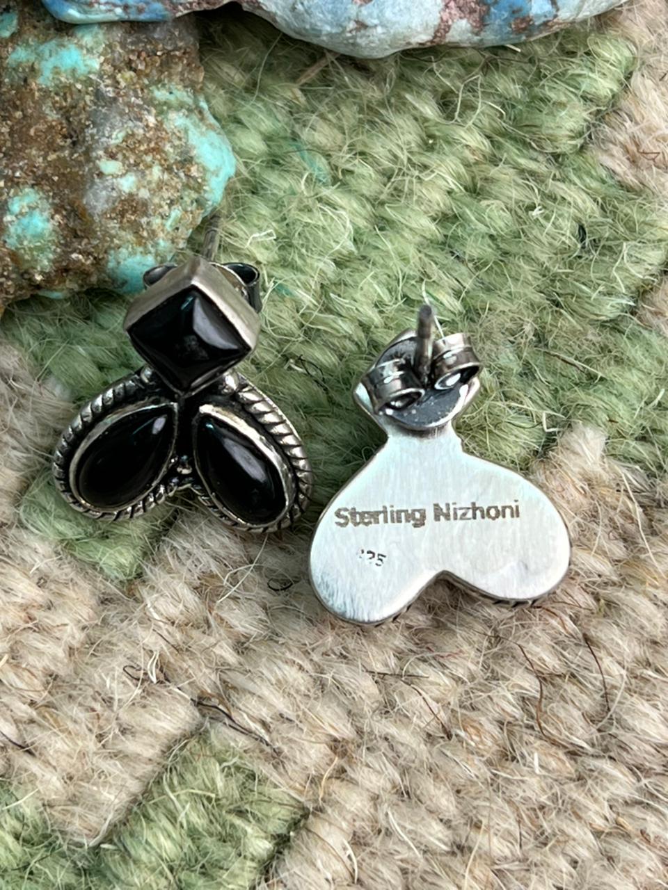 Handmade Sterling Silver Black Onyx Post Studs Earrings "Signed Nizhoni"