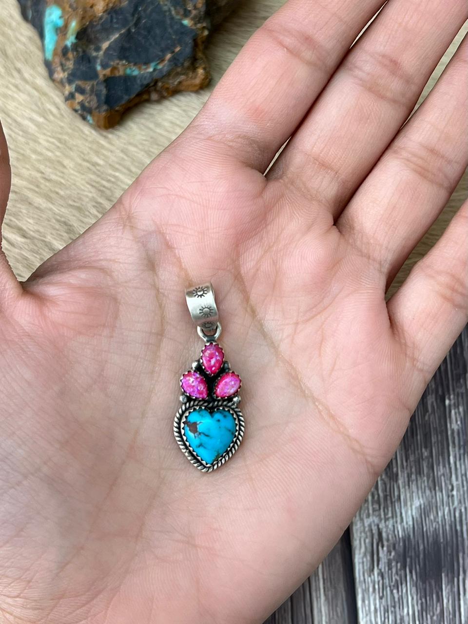 Handmade Sterling Silver Arizona Blue Turquoise with Hot Pink Pendant "Signed Nizhoni"