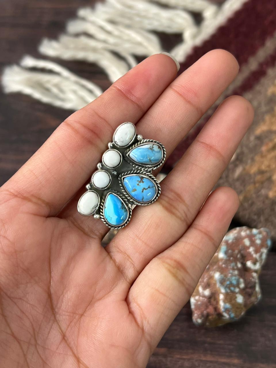 Handmade Sterling Silver Golden Hills with White Collection Adjustable Ring "Signed Nizhoni"