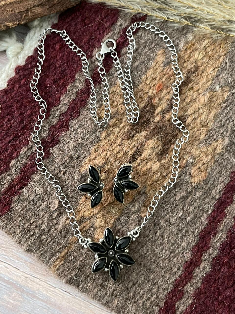 Handmade Sterling Silver Black Onyx Necklace Earrings Set "Signed Nizhoni"