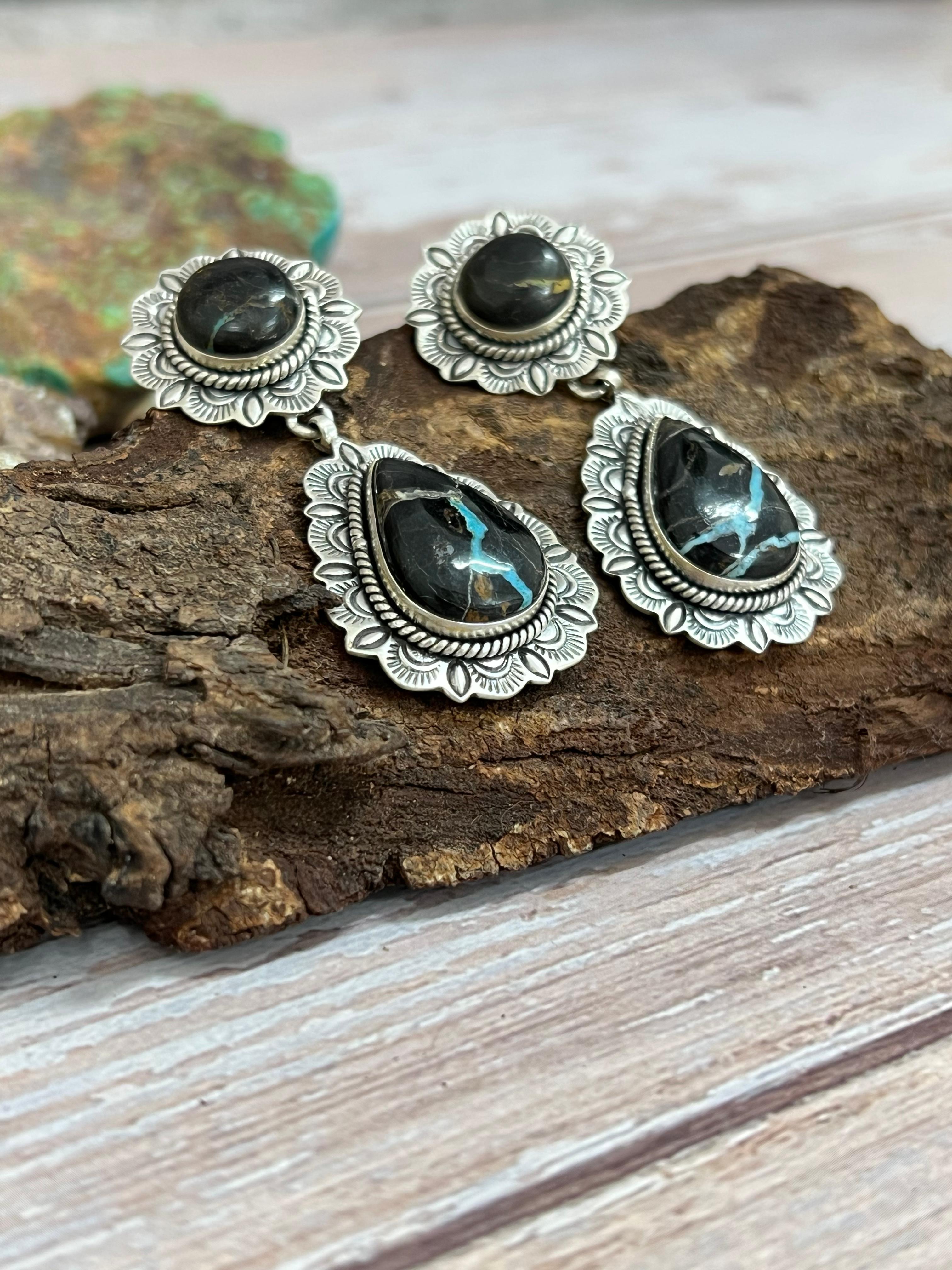 Handmade Sterling Silver Blackjack Turquoise Post Dangle Earrings with Signed Nizhoni