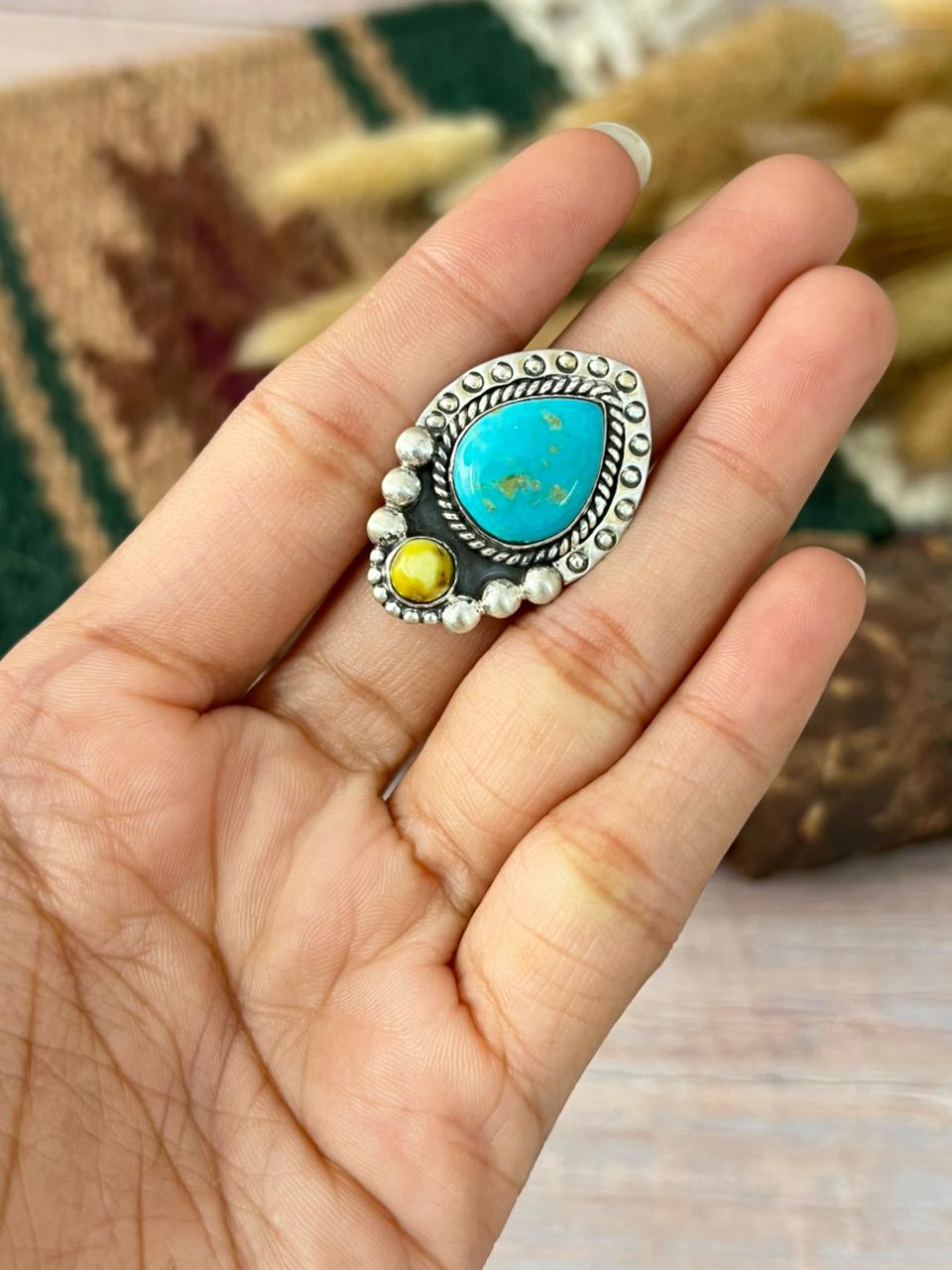 Handmade Sterling Silver Santa Maria with Palomino Turquoise Adjustable Ring "Signed Nizhoni"