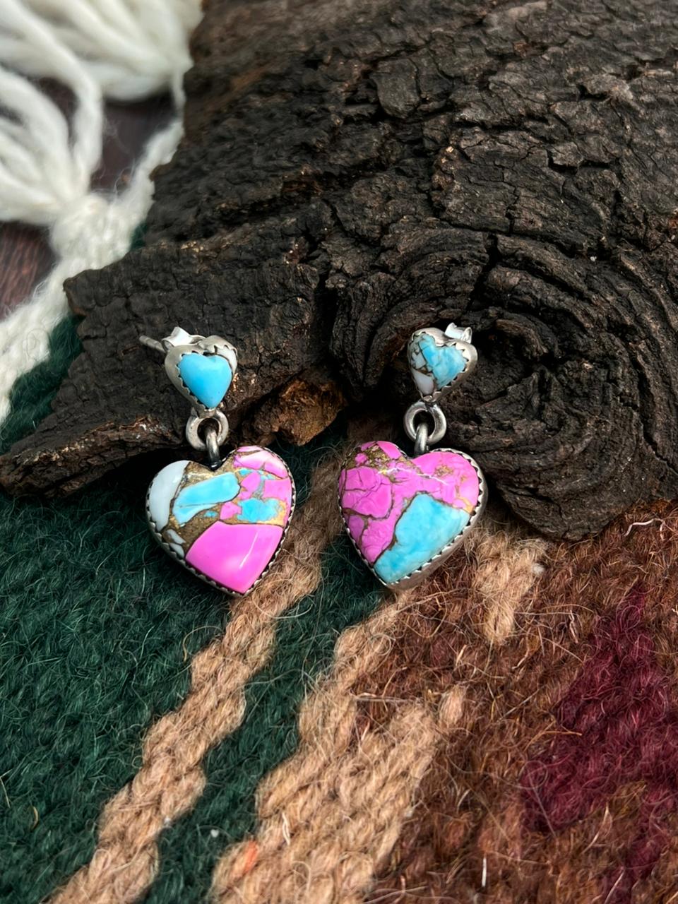 "Heart Collection" Handmade Sterling Silver Cotton Candy Post Dangle Earrings "Signed Nizhoni"