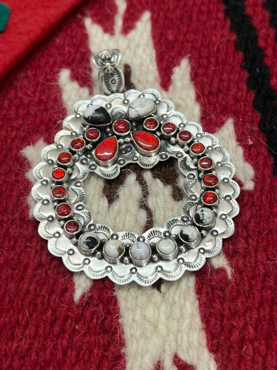 "Christmas Collection" Handmade Sterling Silver Red Opal with White Buffalo Pendant " Signed Nizhoni"