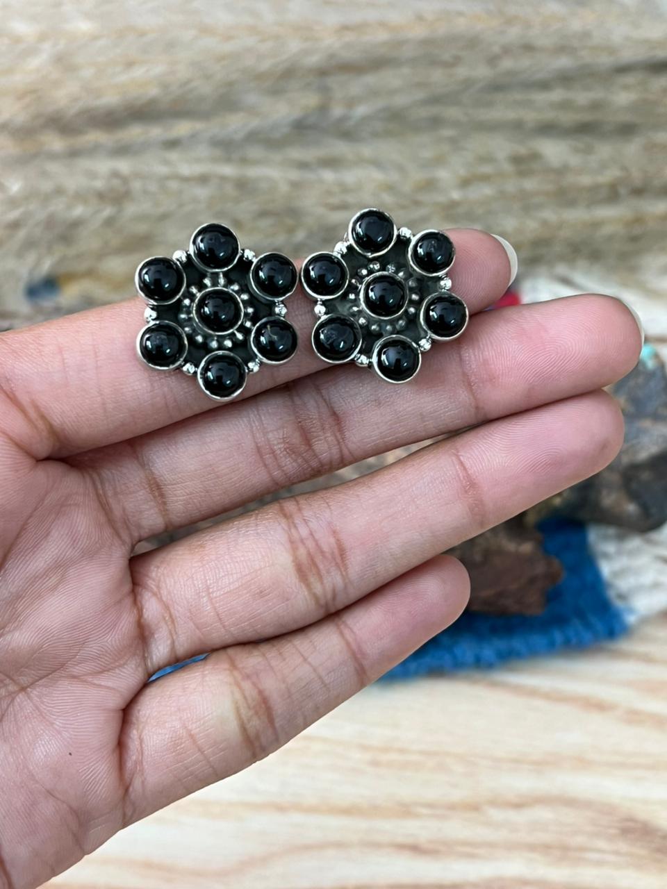 Handmade Sterling Silver Black Onyx Post Studs Earrings "Signed Nizhoni"