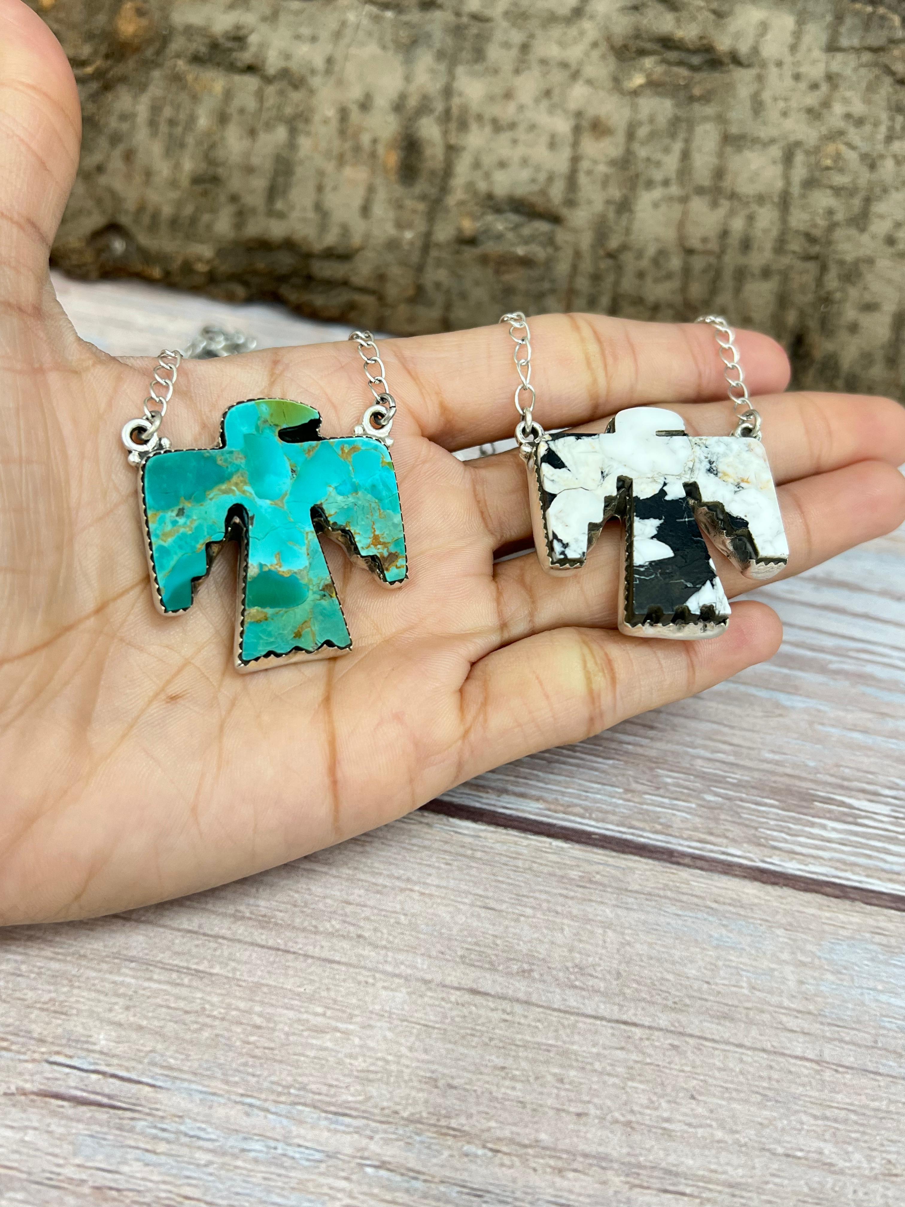 Handmade Sterling Silver White Buffalo, Kingman Turquoise Thunder Bird Necklace, Signed Nizhoni (2)