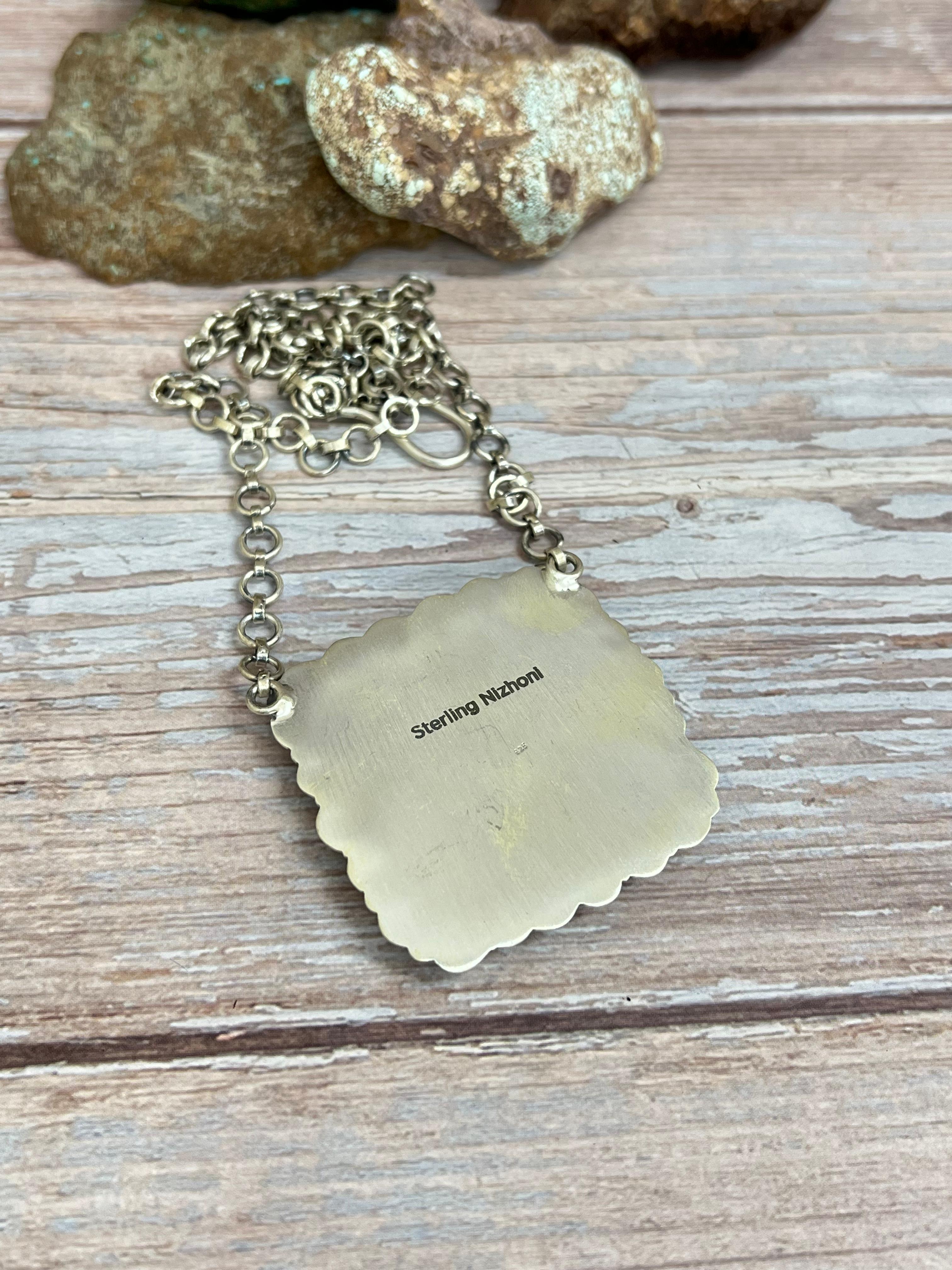 Handmade Sterling Silver Blackjack Turquoise Necklace with Signed Nizhoni