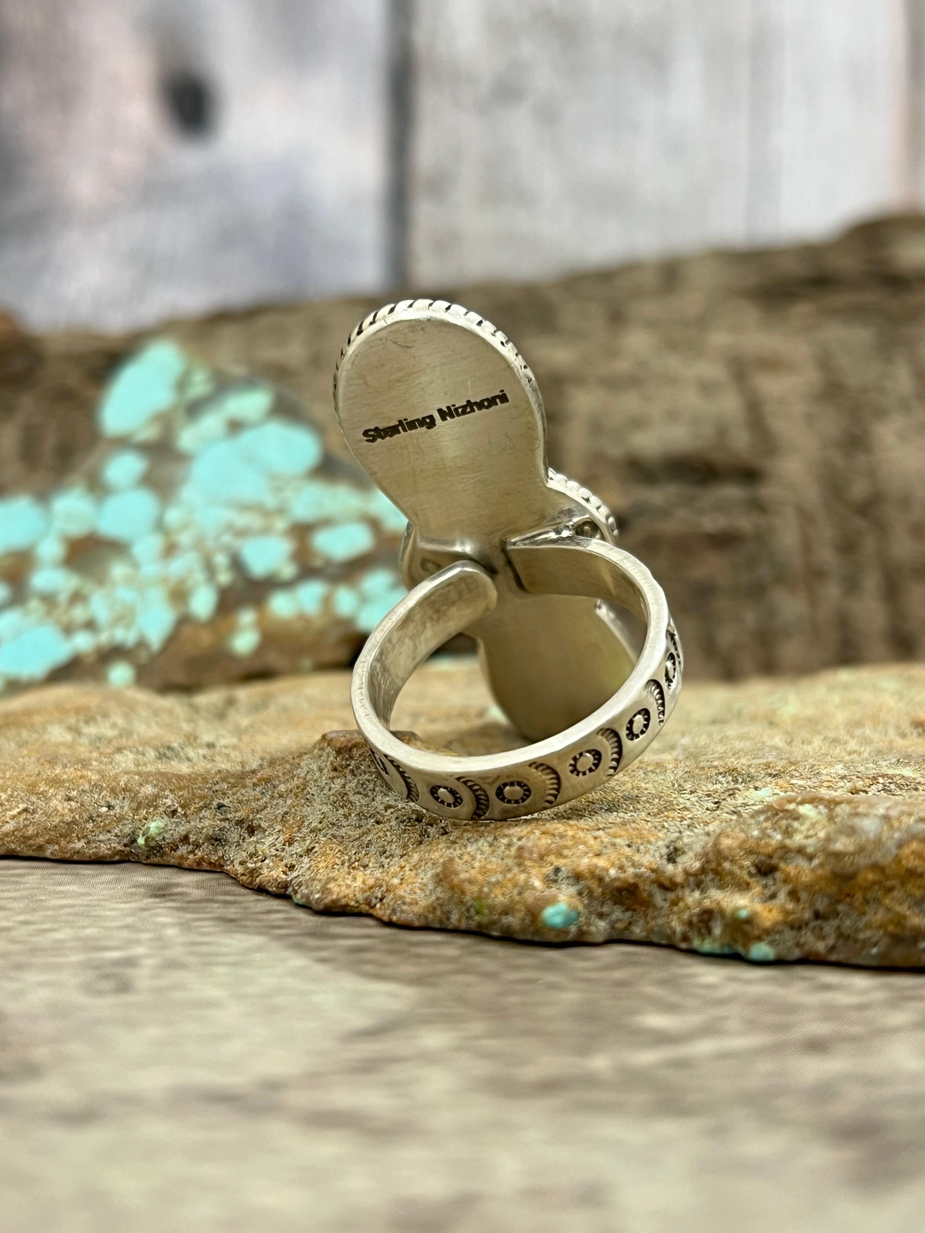 Handmade Sterling Silver Number 8 Turquoise Adjustable Ring with Signed Nizhoni
