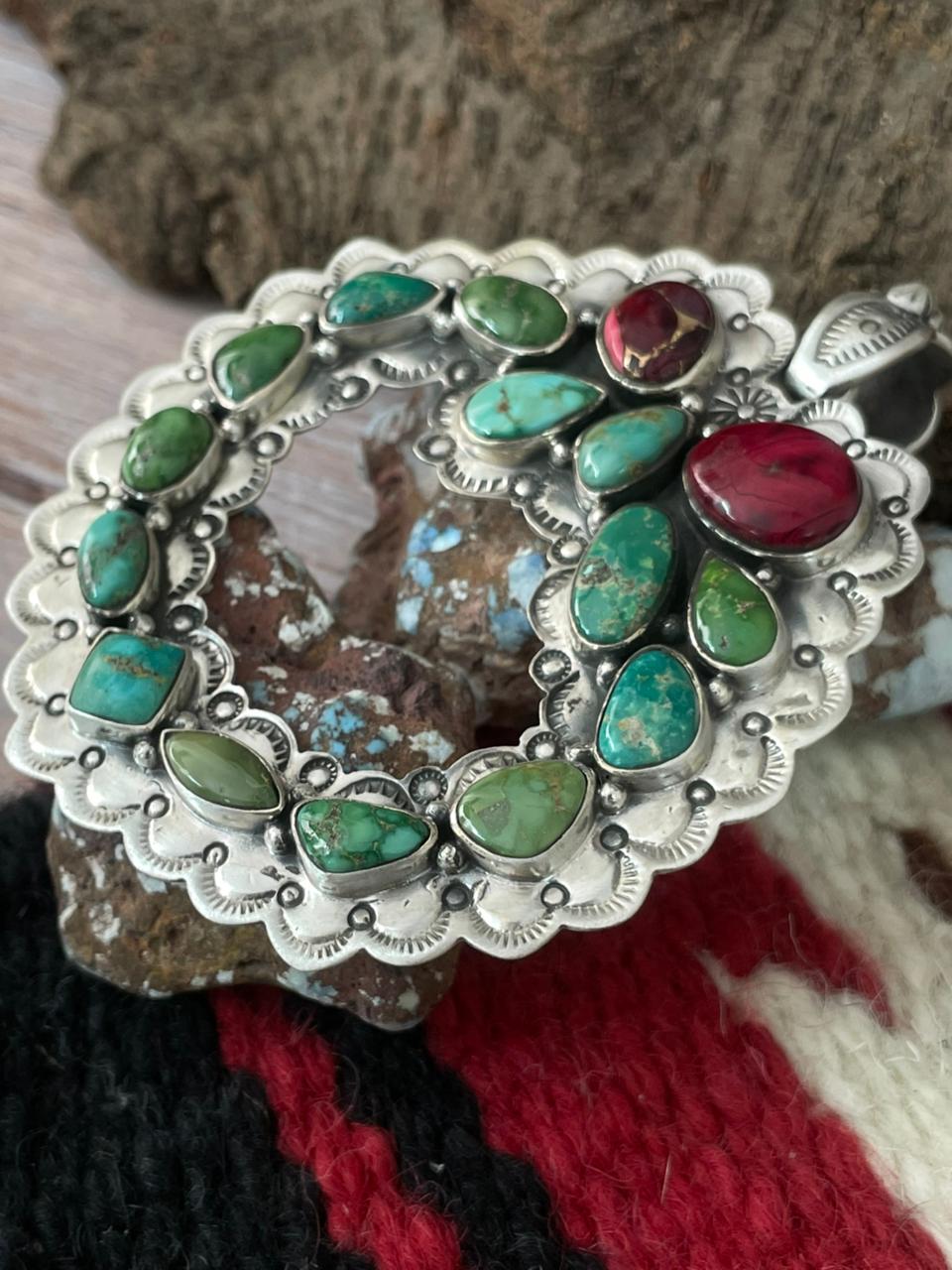 Handmade Sterling Silver Dahlia Rose with Emerald Valley Turquoise Pendant "Signed Nizhoni"