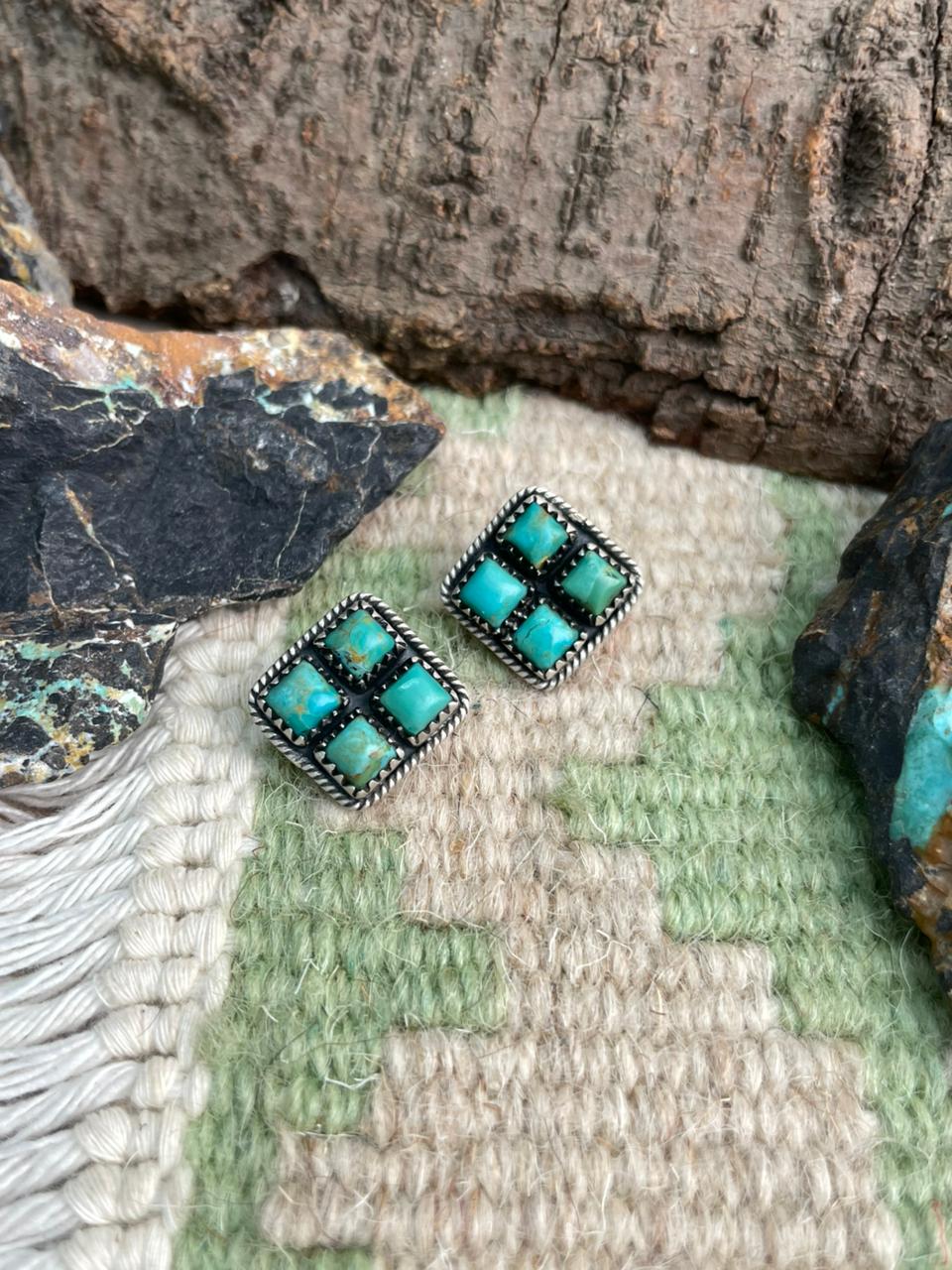 Handmade Sterling Silver Kingman Turquoise Post Studs Earrings "Signed Nizhoni"