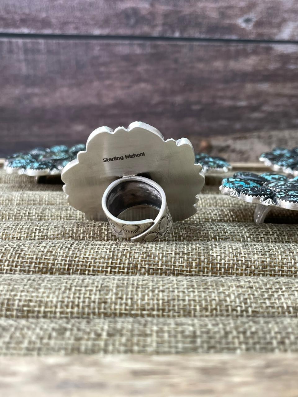 Handmade Sterling Silver Lander Turquoise Adjustable Ring With Signed Nizhoni